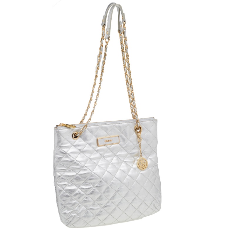 DKNY Silver Quilted Leather Shoulder Bag