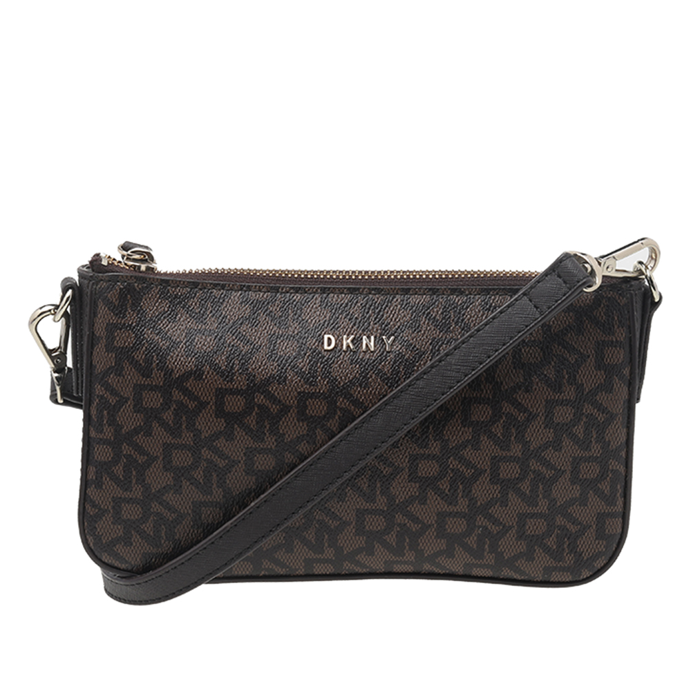 DKNY Dark Brown Coated Canvas And Leather Zip Crossbody Bag