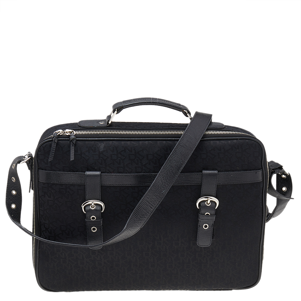 DKNY Black Signature Canvas And Leather Laptop Bag