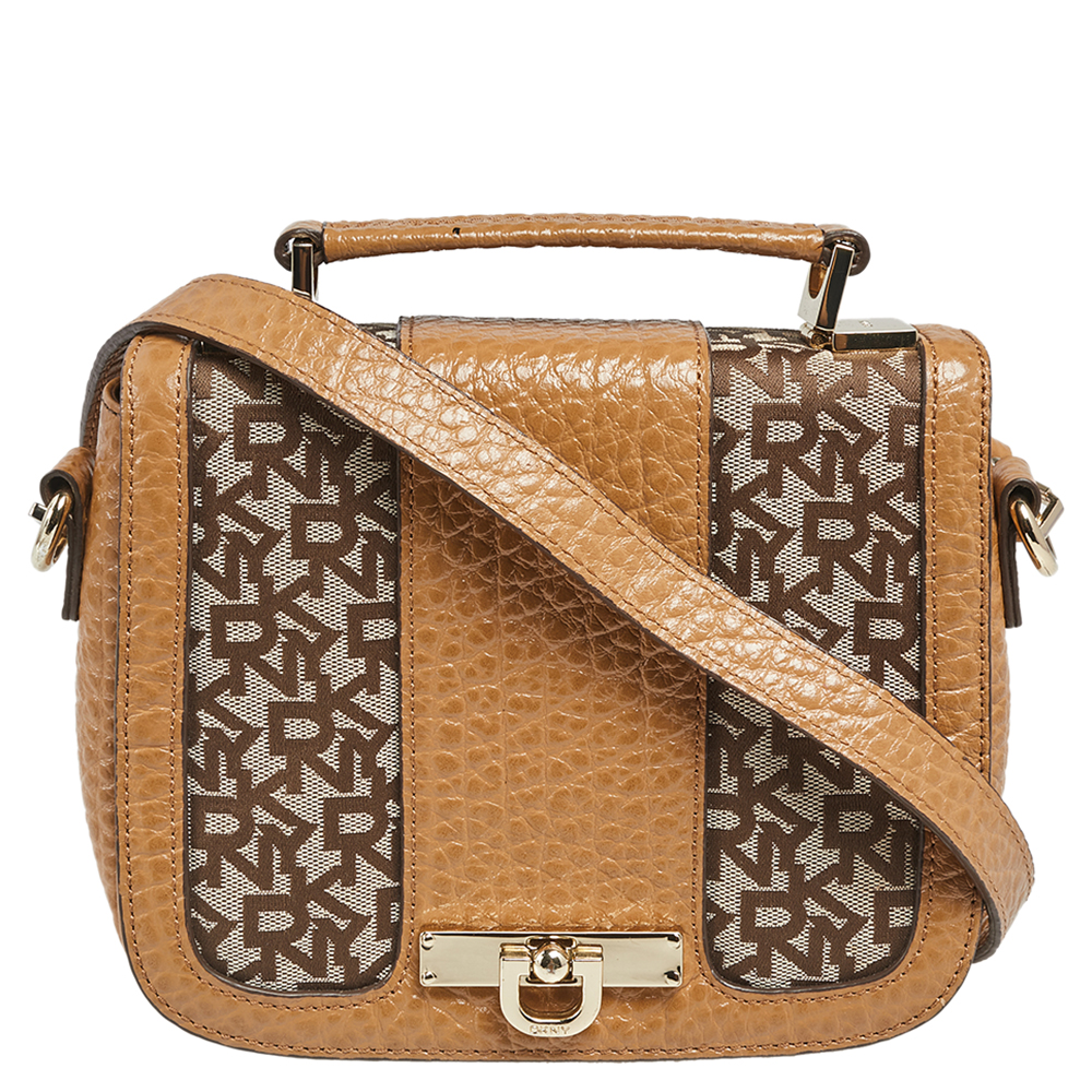 DKNY Tan/Beige Signature Canvas and Leather Flap Shoulder Bag