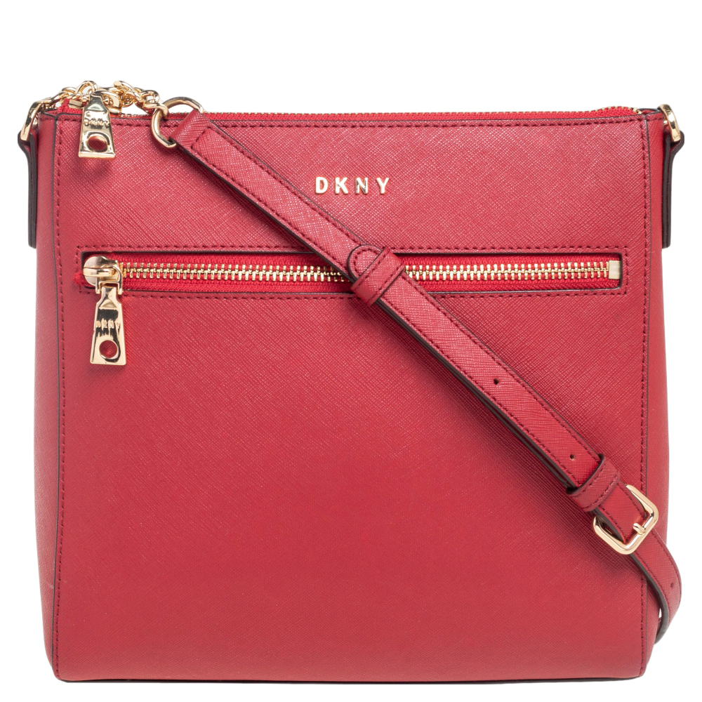 DKNY Red Saffiano Leather Top-Zip Crossbody Bag