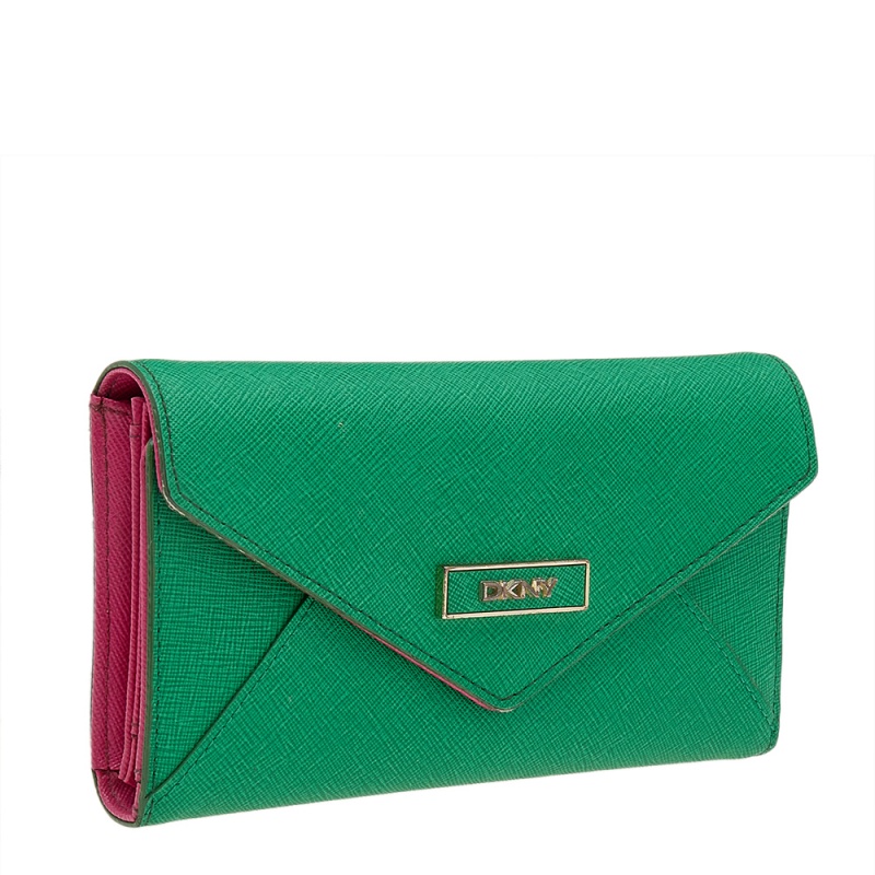 DKNY Green/Pink Leather Long Trifold Wallet