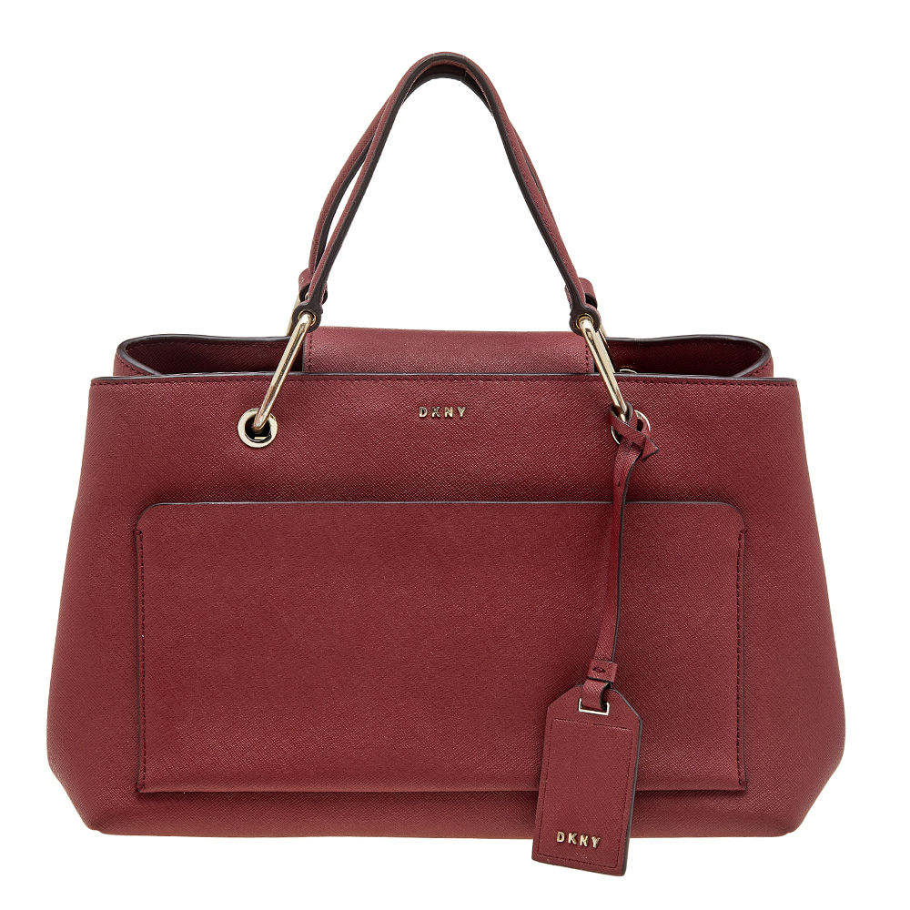 Dkny dark red leather front pocket tote