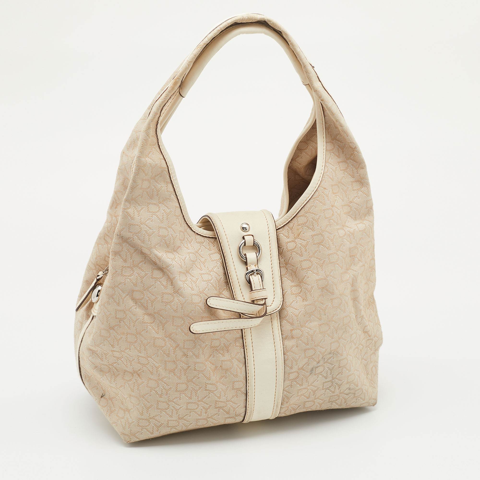 DKNY Light Beige/Cream Canvas And Leather Hobo