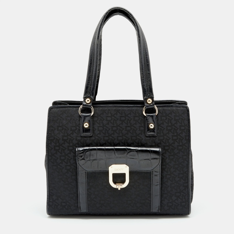 

DKNY Black Signature Nylon and Croc Embossed Leather Tote