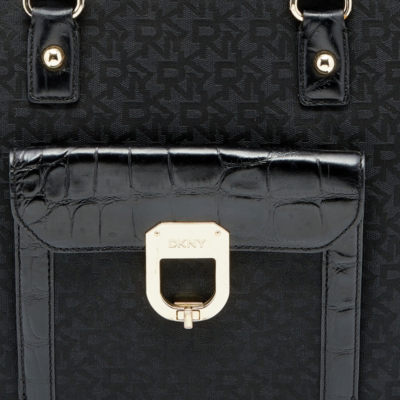 DKNY Black Signature Nylon And Croc Embossed Leather Tote