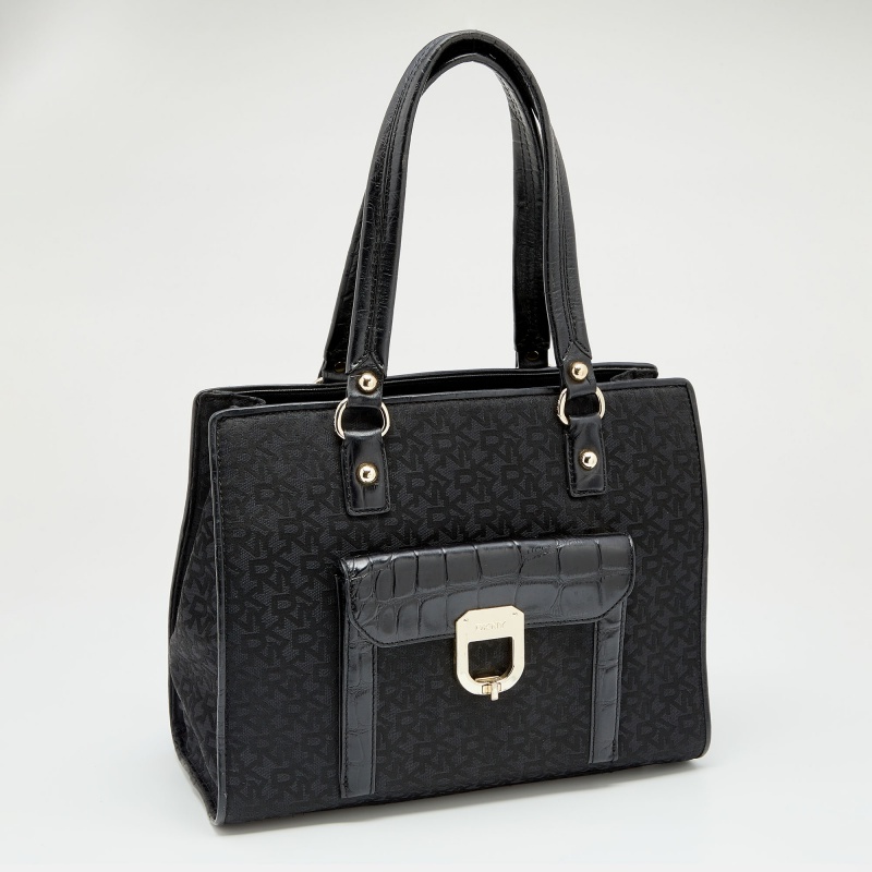 DKNY Black Signature Nylon And Croc Embossed Leather Tote