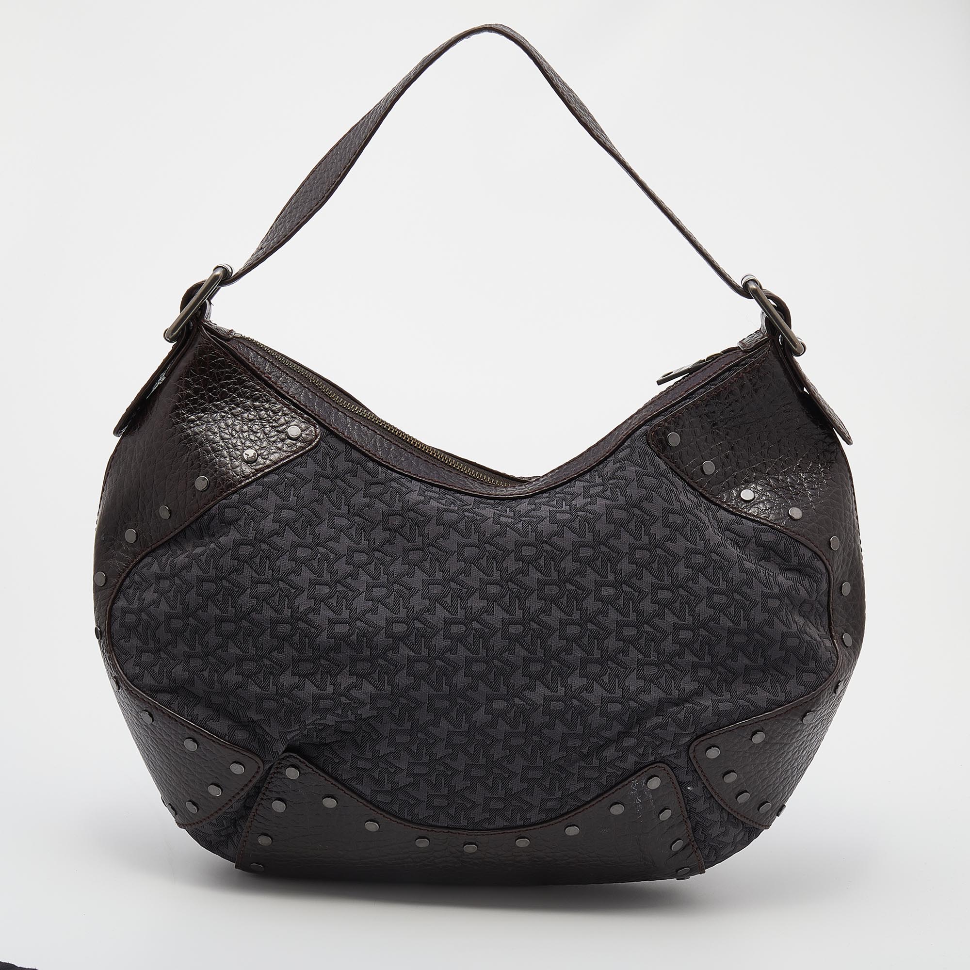 Dkny Brown/Grey Leather And Canvas Studded Hobo