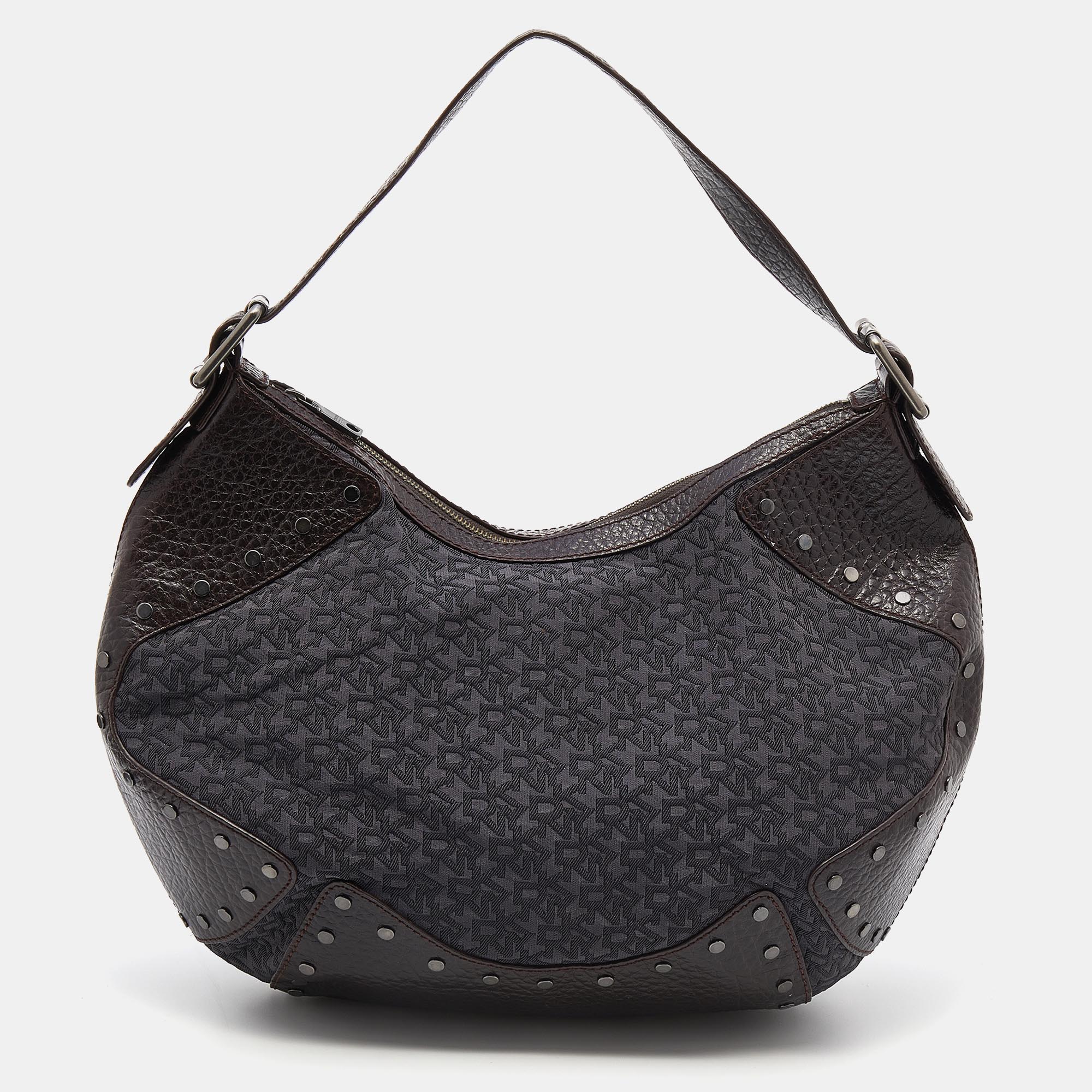 Dkny Brown/Grey Leather And Canvas Studded Hobo