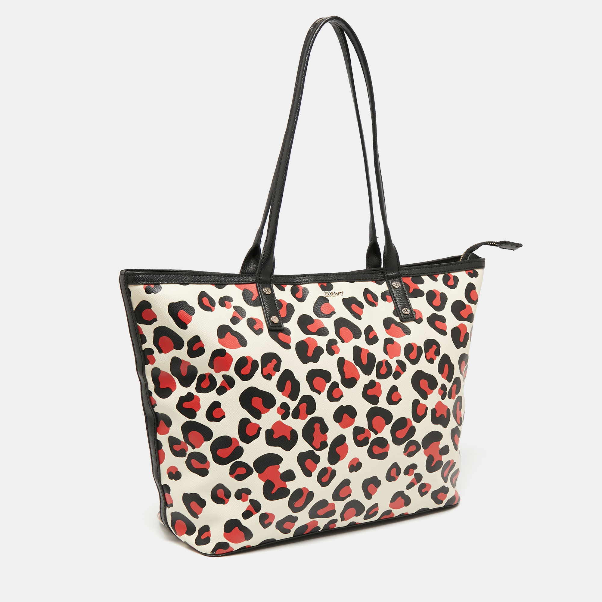 Dkny Black/Red Leopard Print Coated Canvas Zip Tote