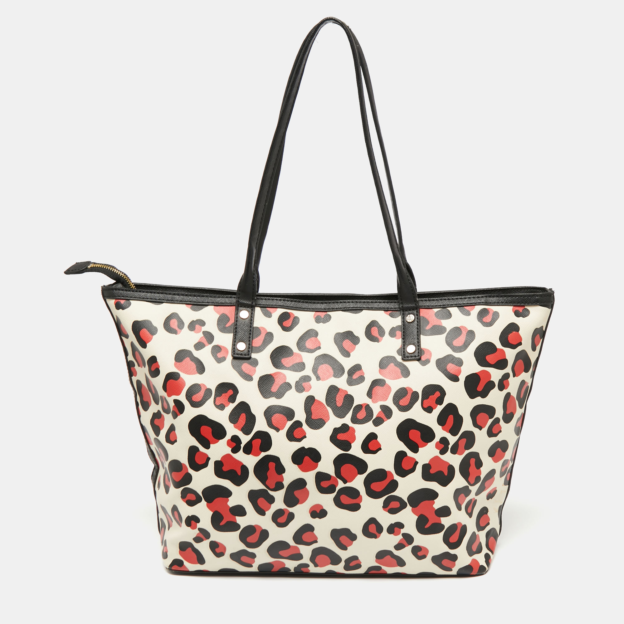 Dkny Black/Red Leopard Print Coated Canvas Zip Tote