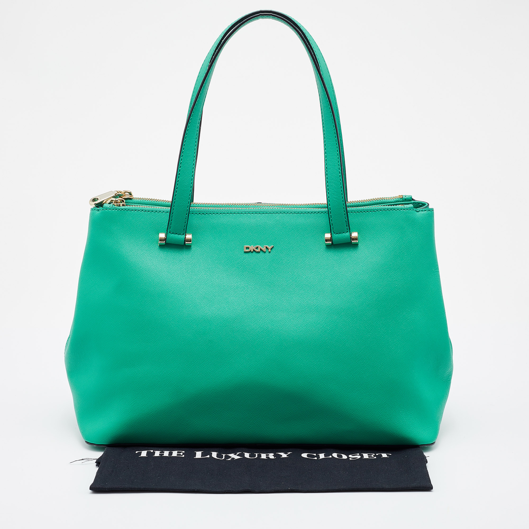 DKNY Green Saffiano Leather Double Zip Tote
