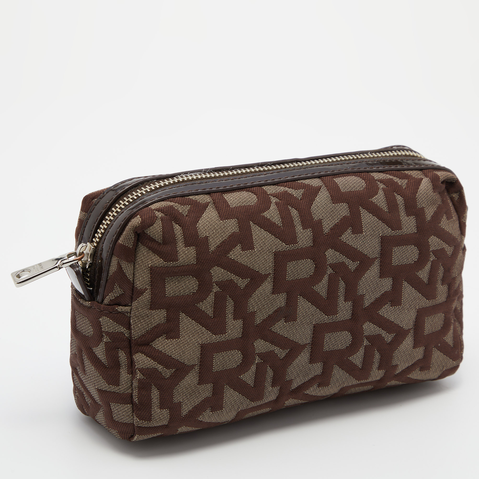 Dkny Brown/Beige Signature Canvas And Patent Leather Pouch