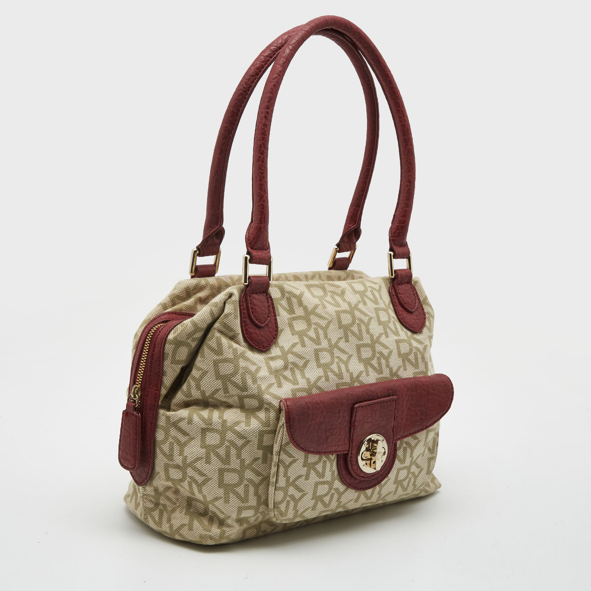 DKNY Red/Beige Monogram Canvas And Leather Turnlock Pocket Satchel