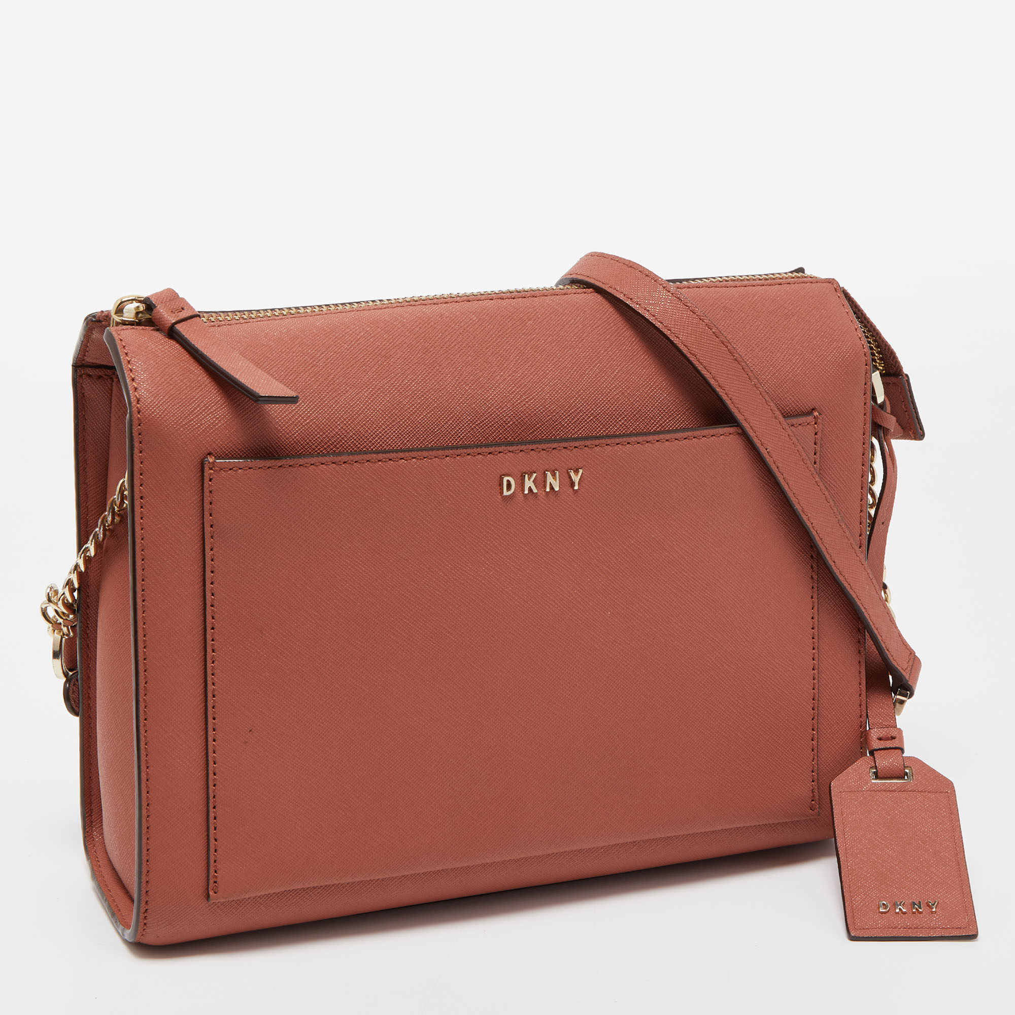 DKNY Brick Brown Saffiano Leather Ava Crossbody Bag