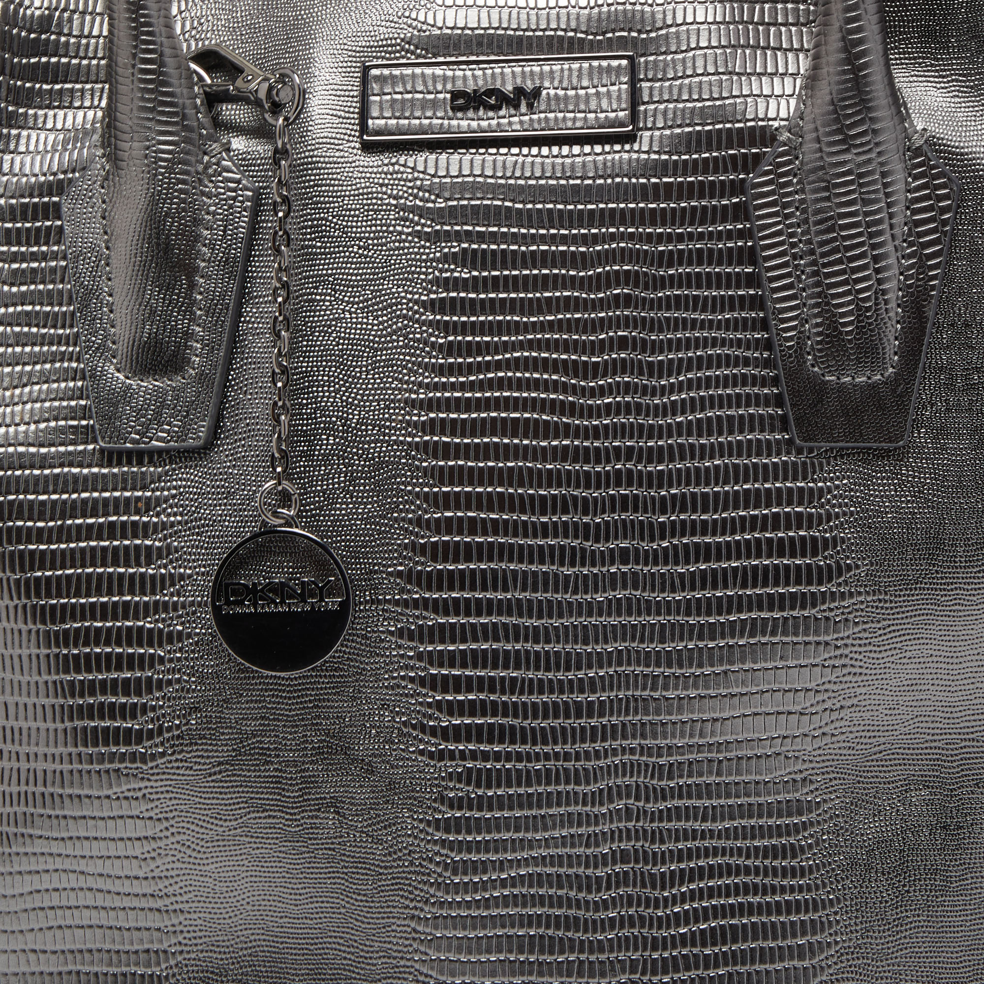 DKNY Metallic Dark Grey Lizard Embossed Leather Tote