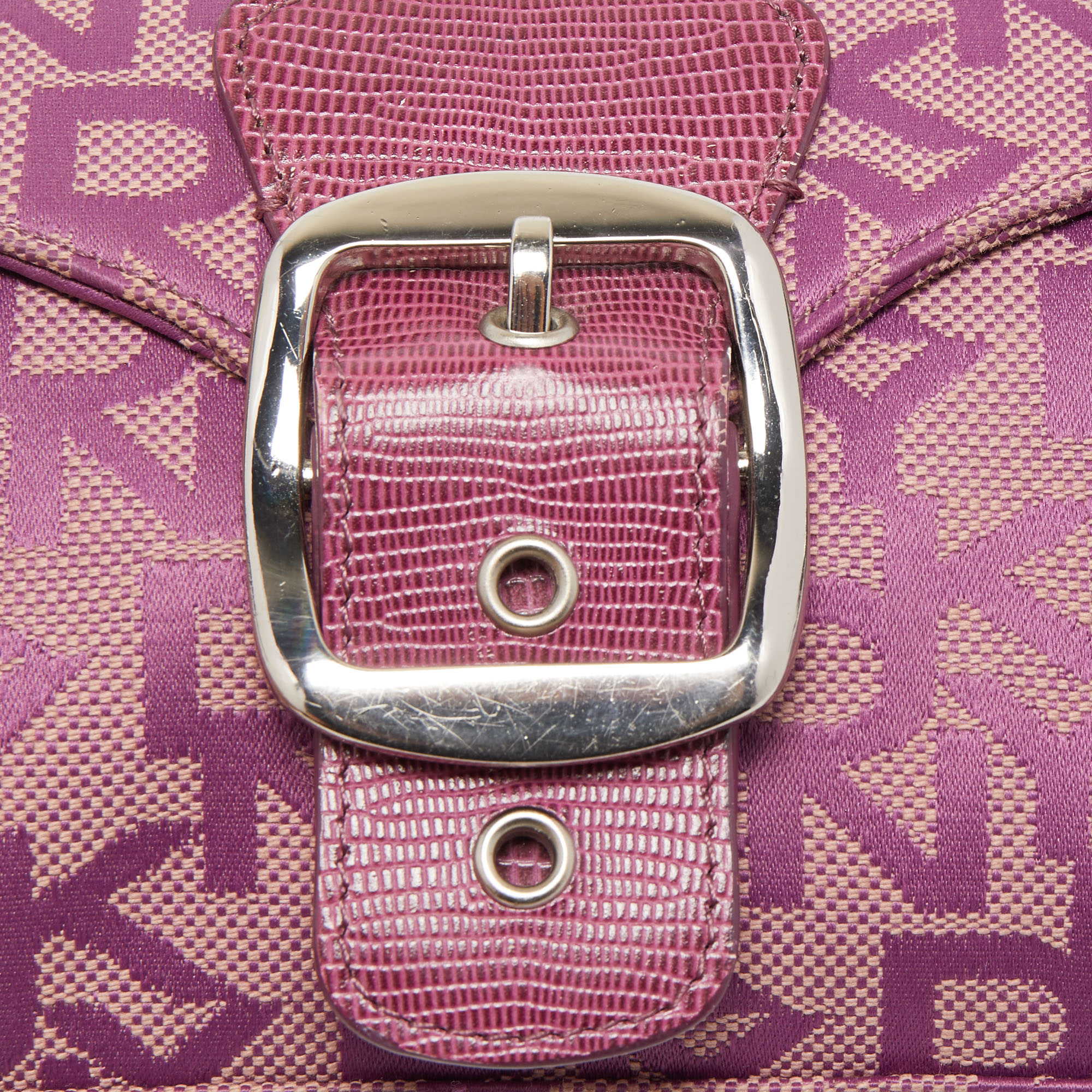 Dkny Magenta Signature Canvas And Lizard Embossed Leather Buckle Flap Satchel