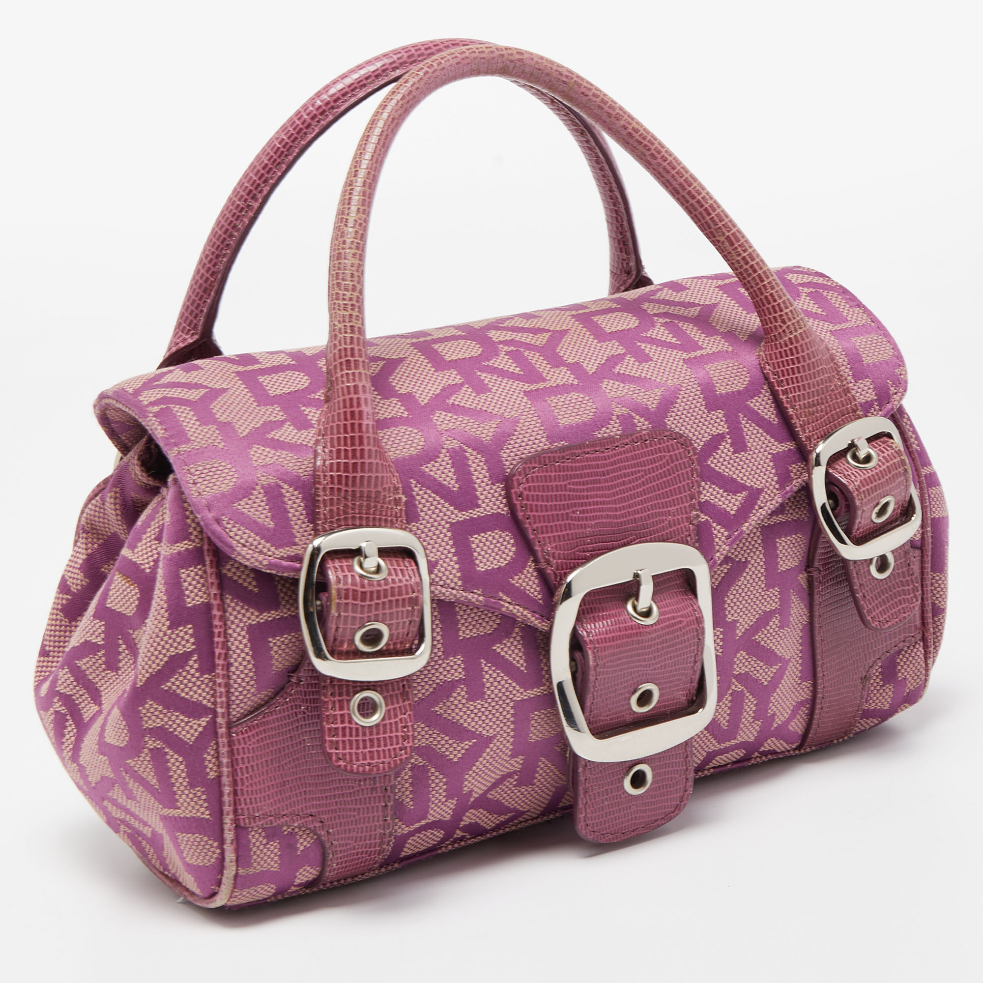 Dkny Magenta Signature Canvas And Lizard Embossed Leather Buckle Flap Satchel