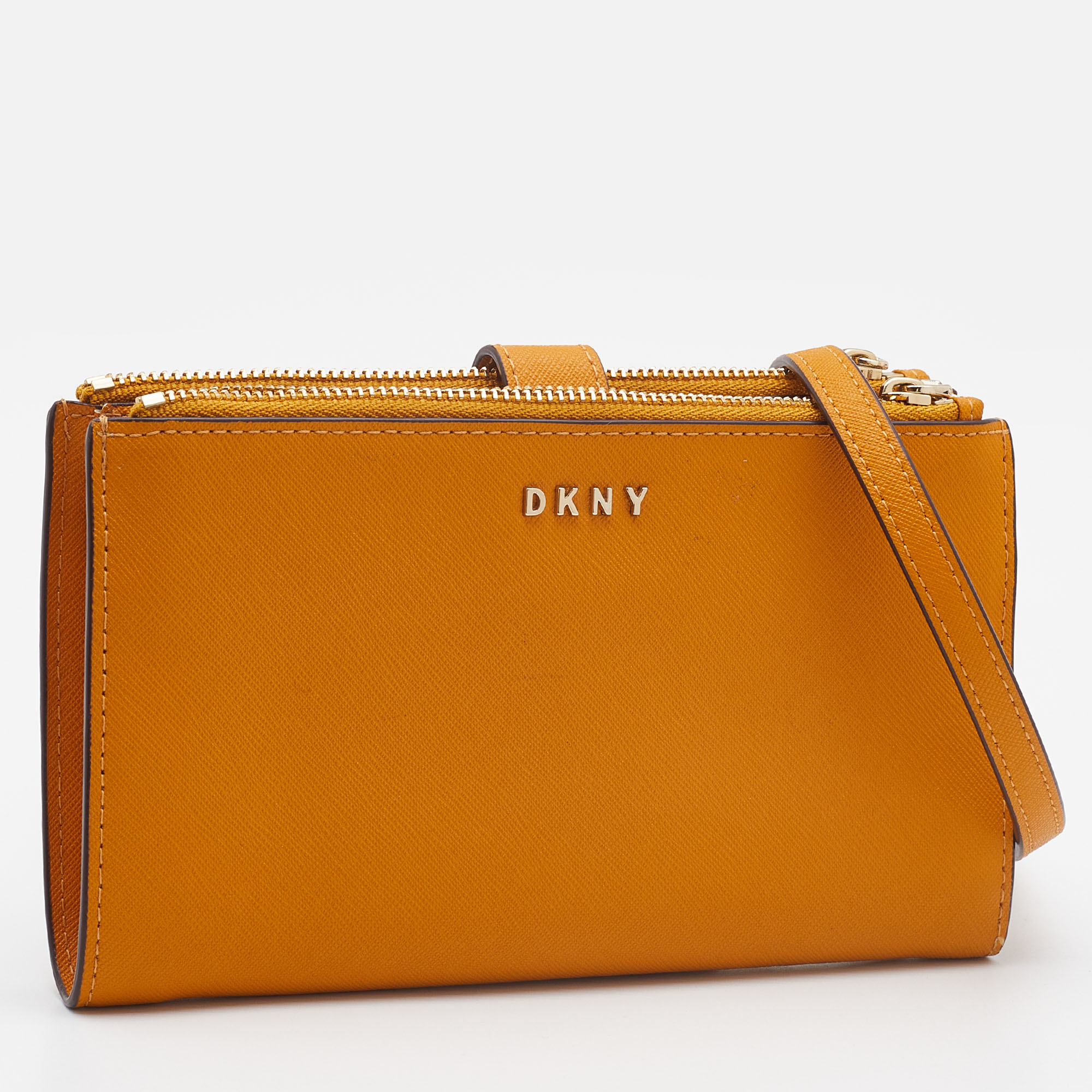 Dkny Mustard Leather Double Zip Crossbody Bag