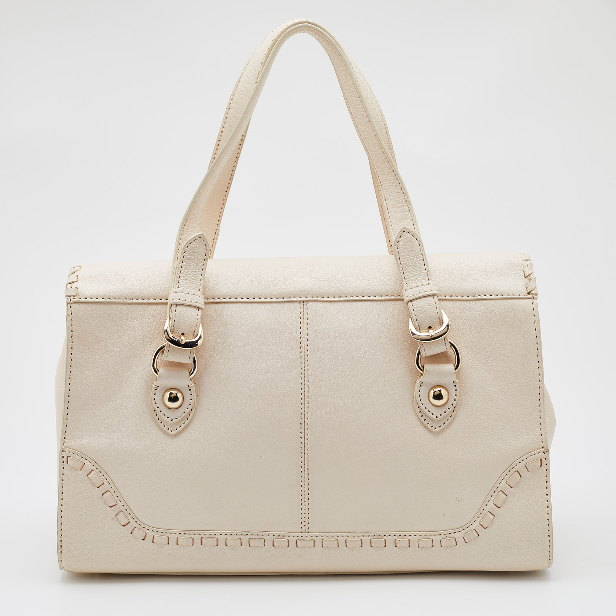 Dkny Off White Leather Flap Whipstitch Trim Tote