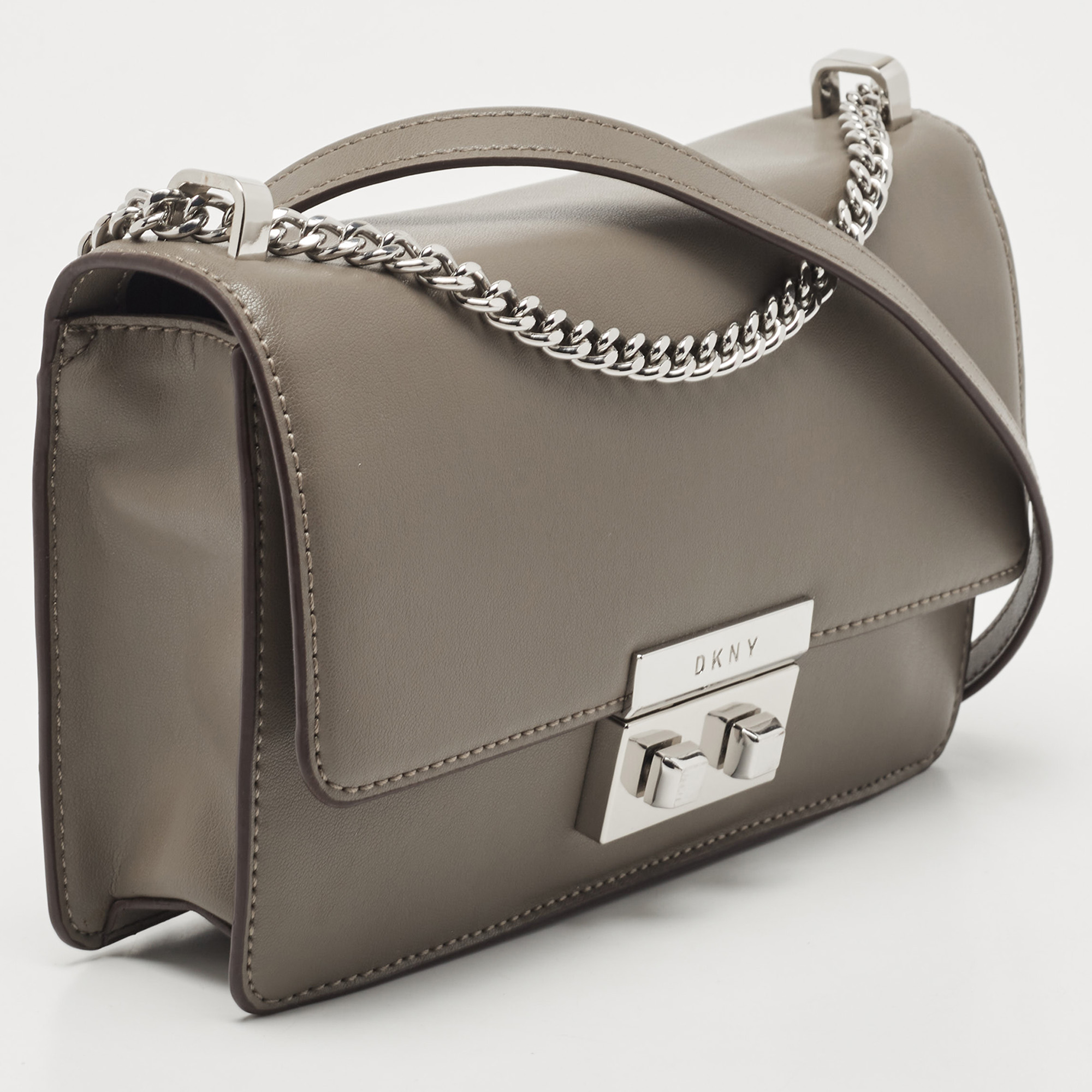 DKNY Grey Leather Pushlock Flap Shoulder Bag