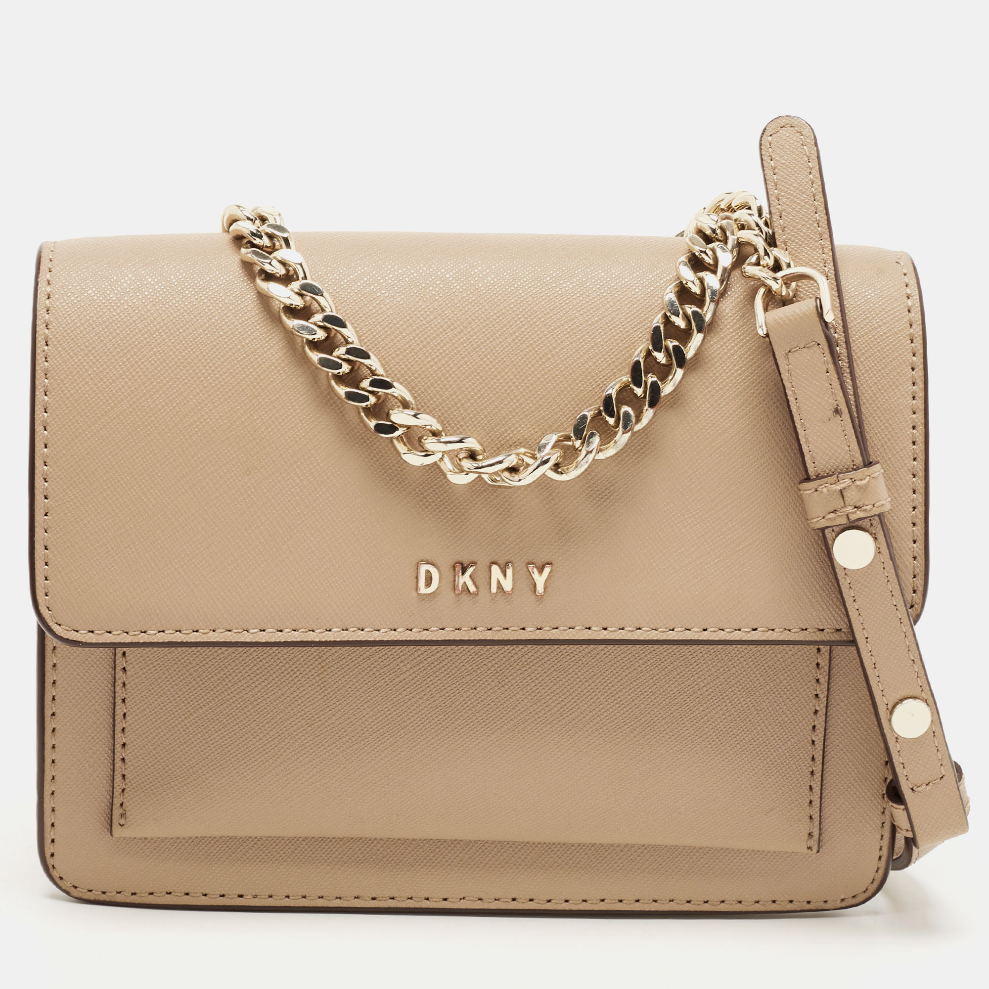 DKNY Beige Leather Flap Chain Crossbody Bag