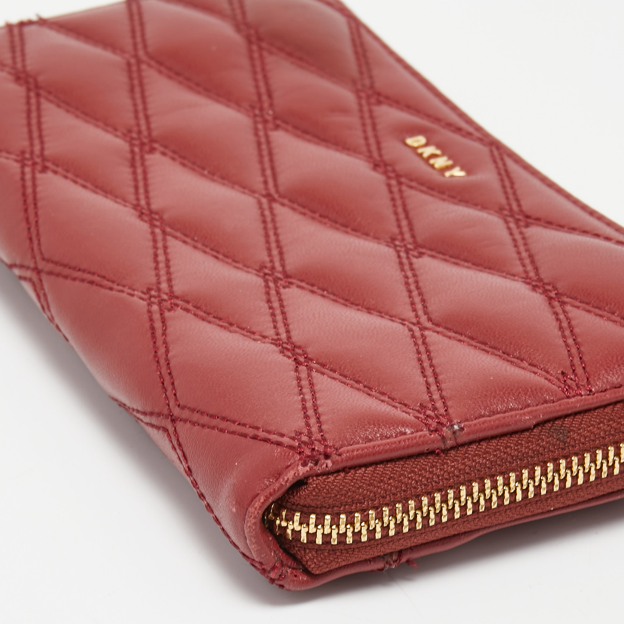 DKNY Red Quilted Leather Zip Around Compact Wallet