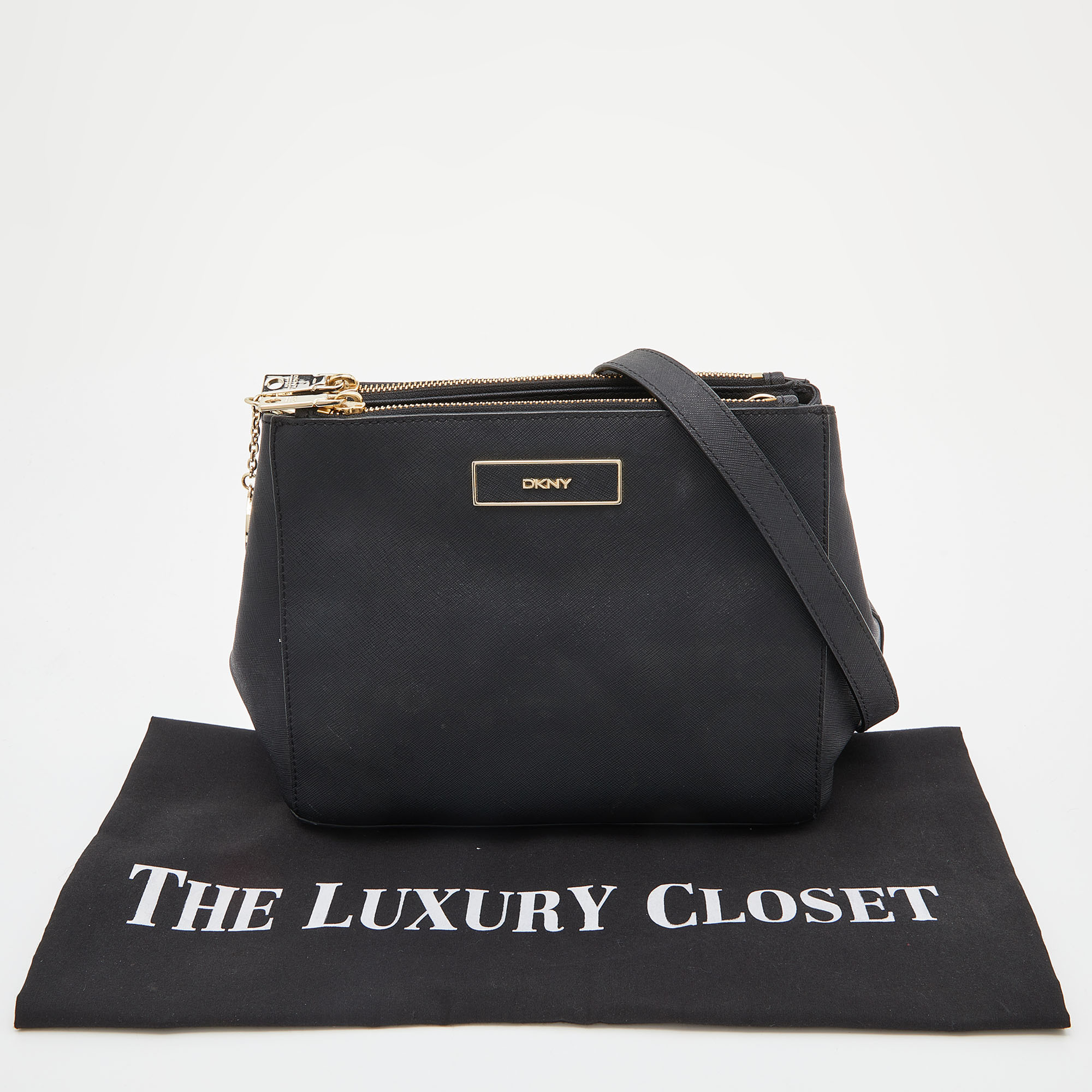 Dkny Black Saffiano Leather Double Zip Crossbody Bag