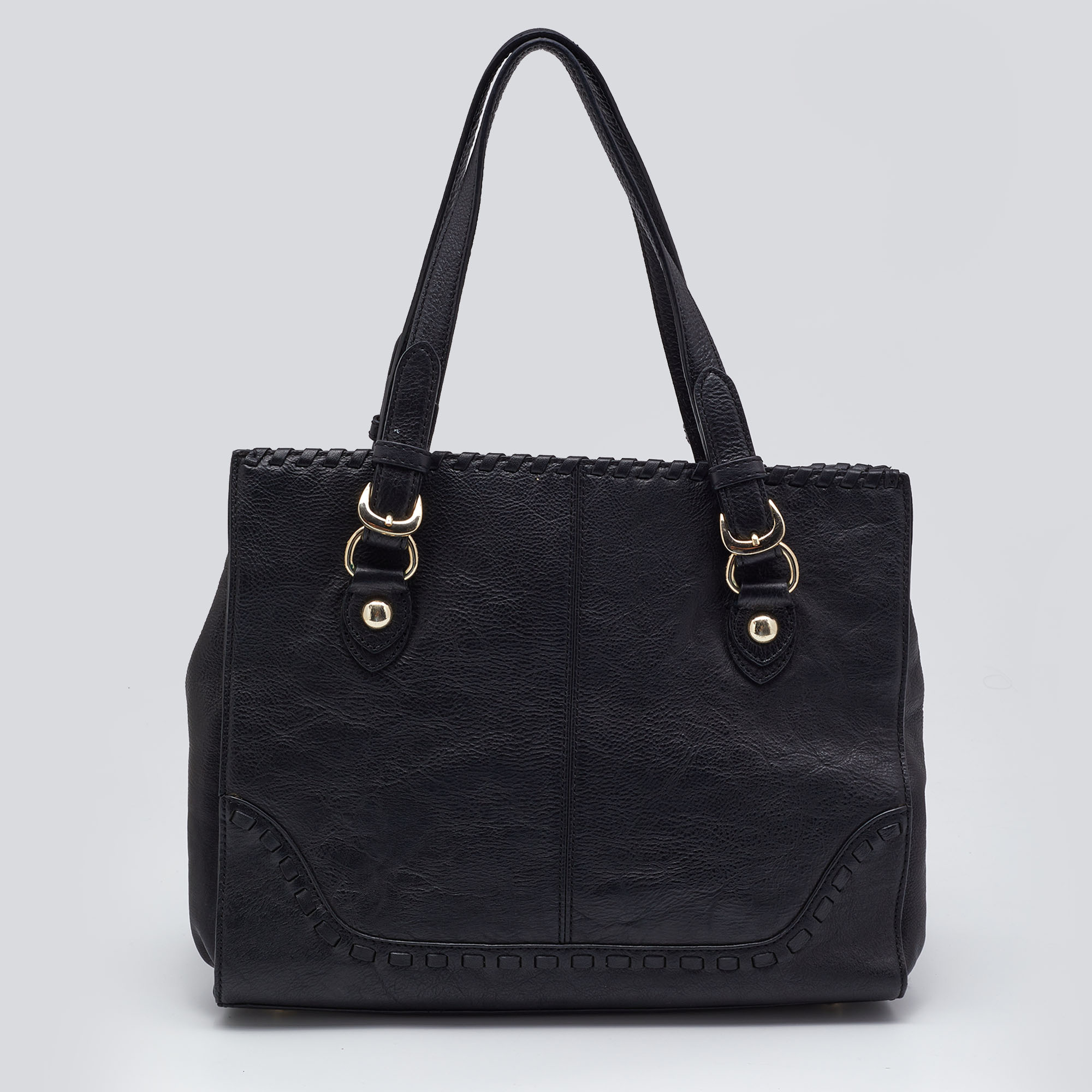 DKNY Black Leather Beekman French Whipstitch Trim Tote
