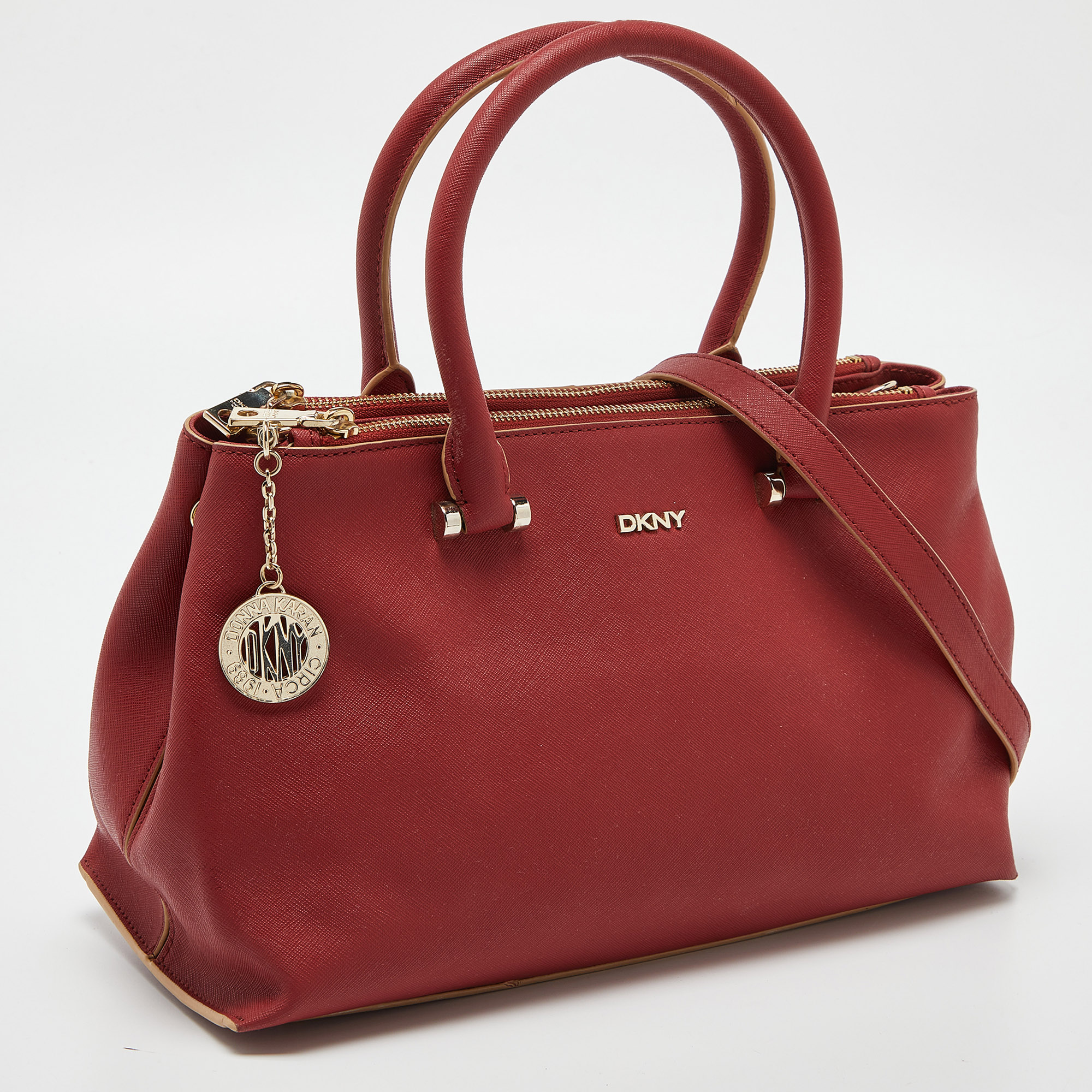 DKNY Red Leather Bryant Park Double Zip Shopper Tote