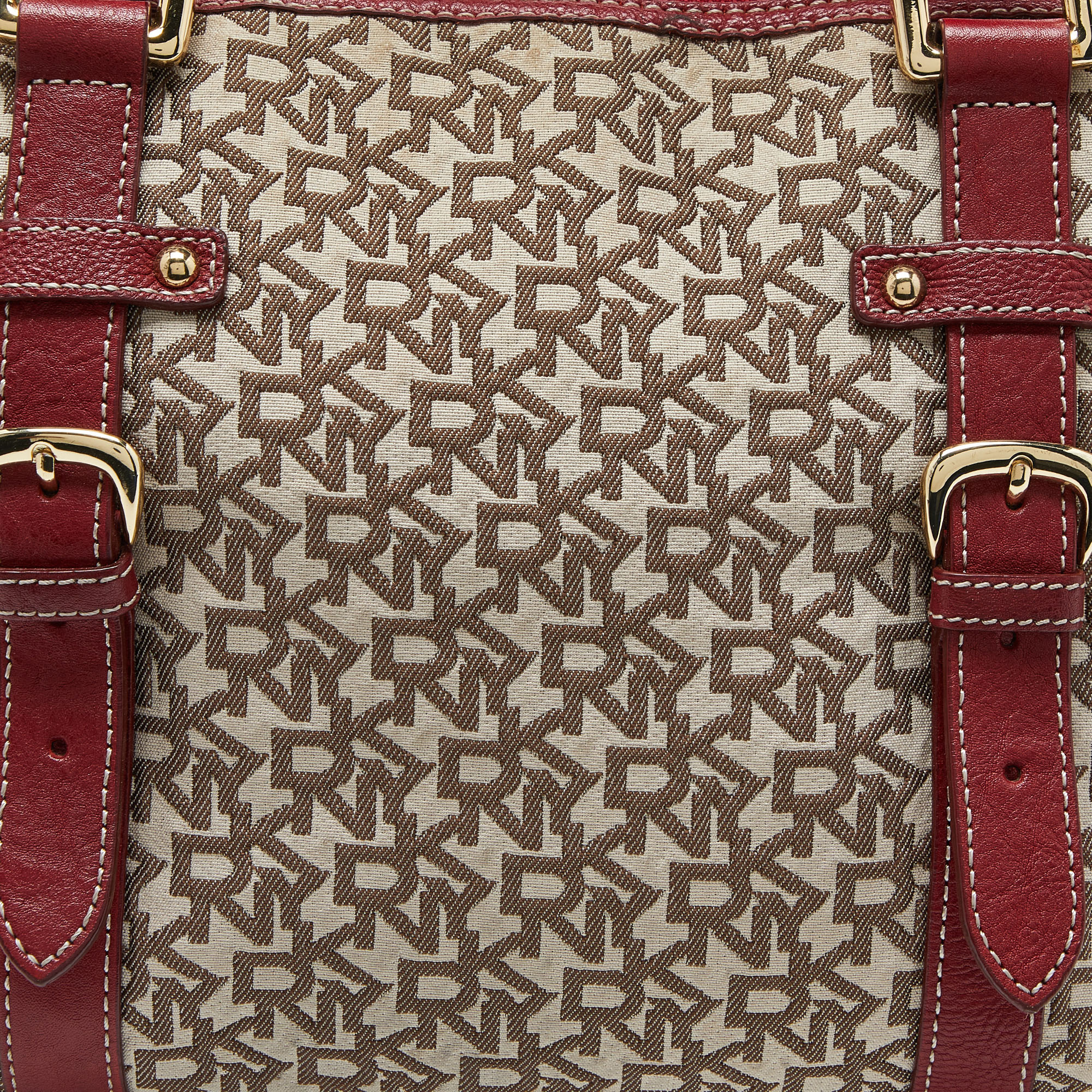 DKNY Beige/Red Signature Canvas And Leather Zip Tote