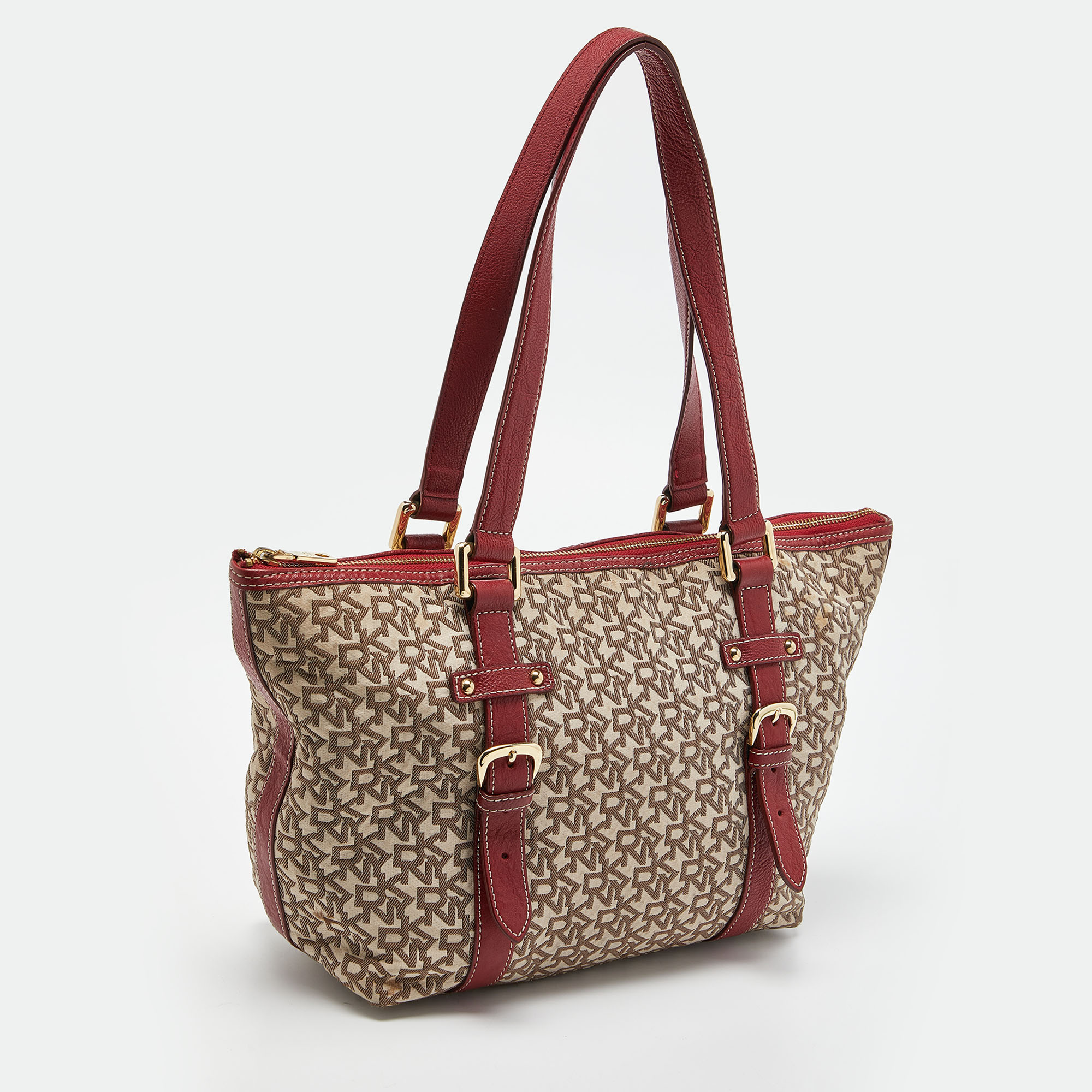 DKNY Beige/Red Signature Canvas And Leather Zip Tote