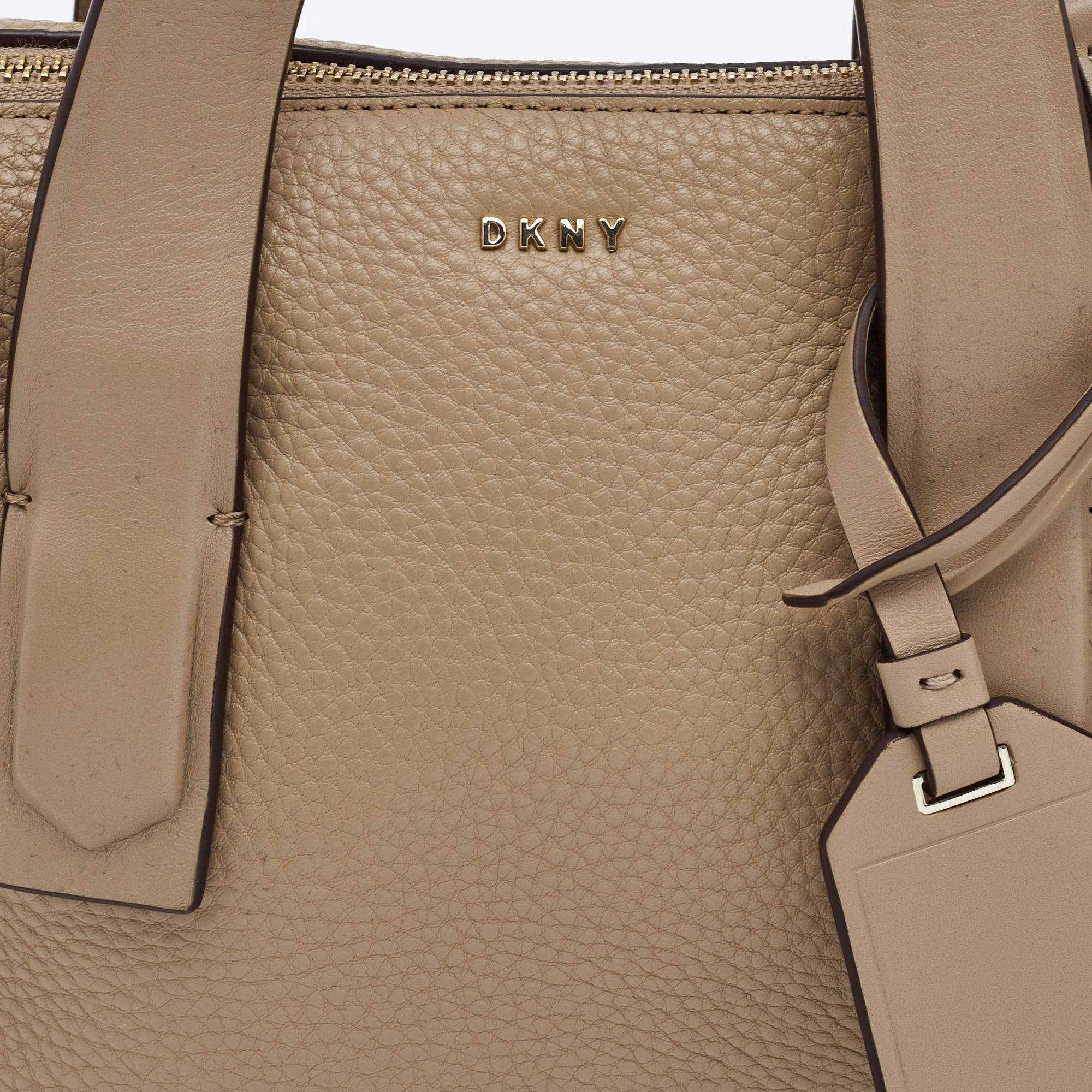 DKNY Beige Leather Zip Boston Bag
