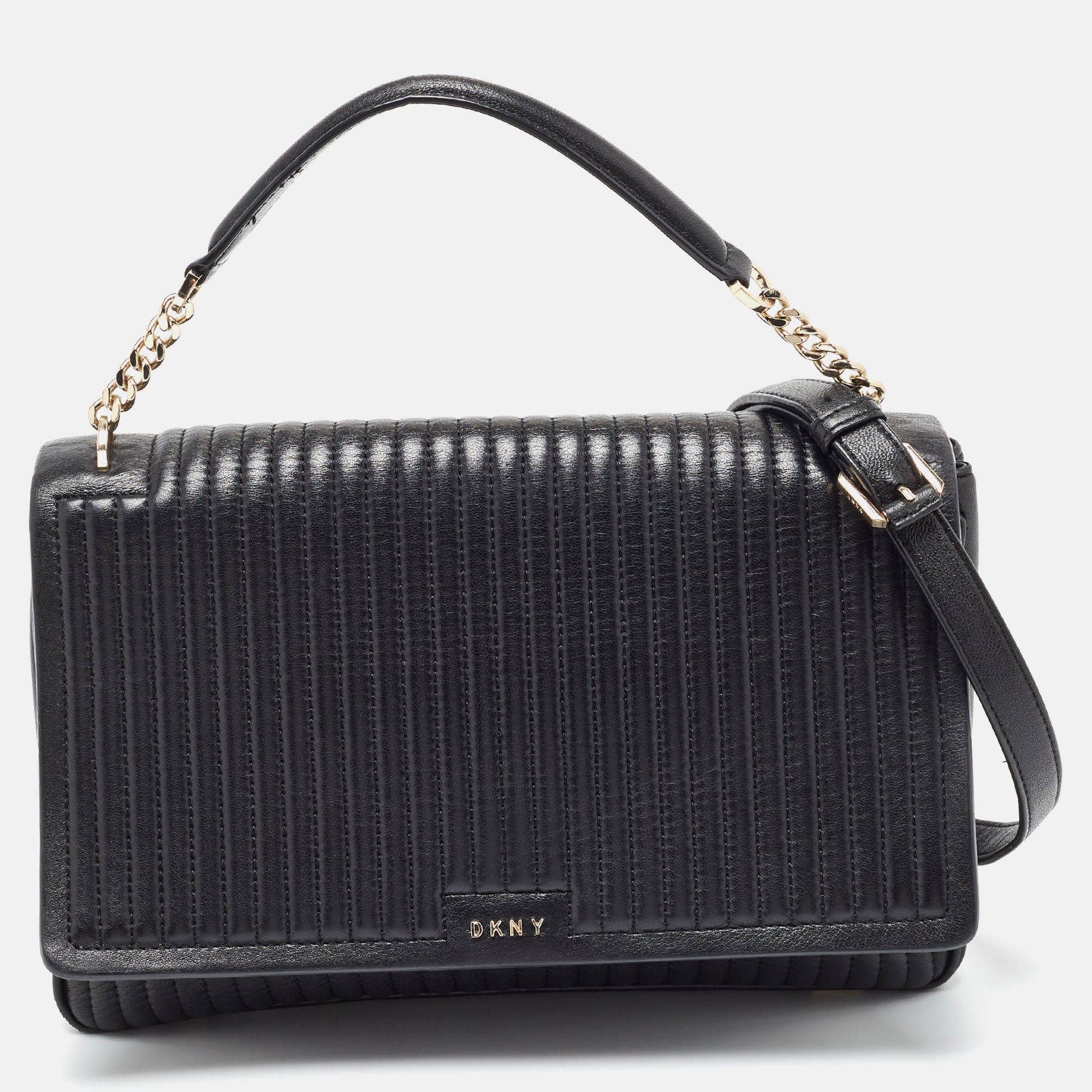 Dkny black pinstripe quilted leather gansevoort flap top handle bag