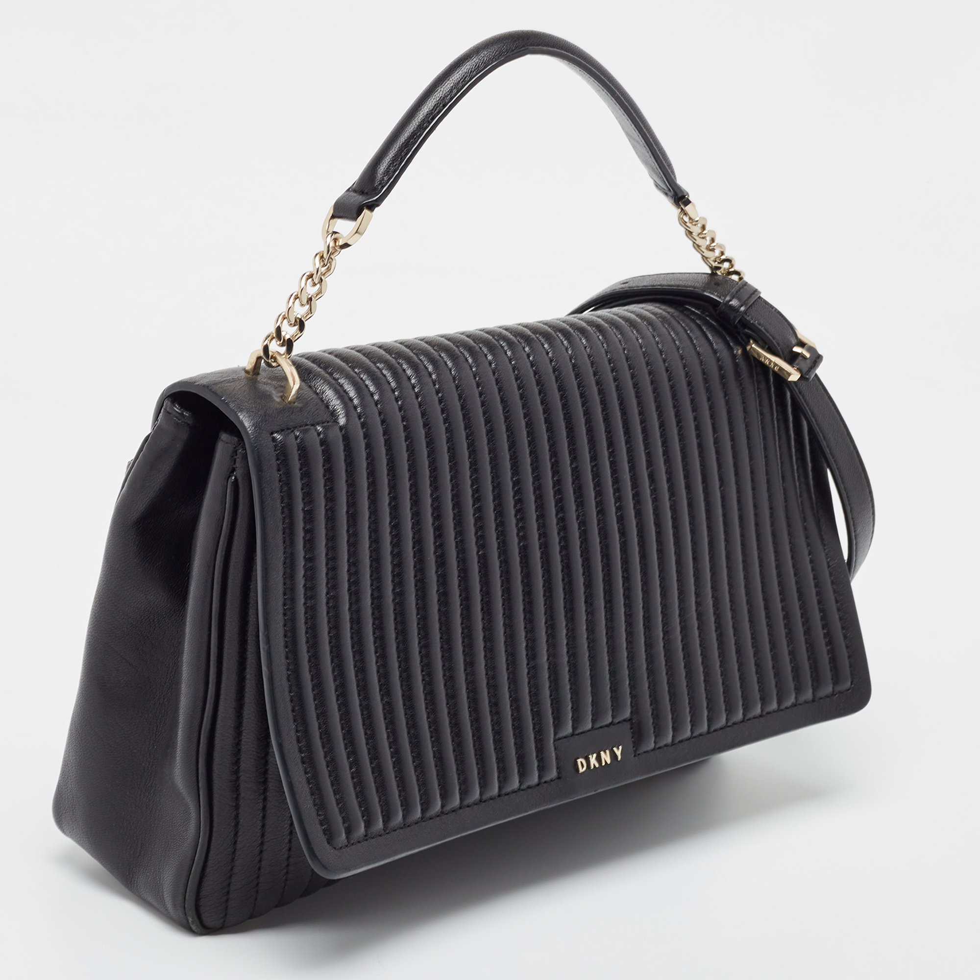 DKNY Black Pinstripe Quilted Leather Gansevoort Flap Top Handle Bag