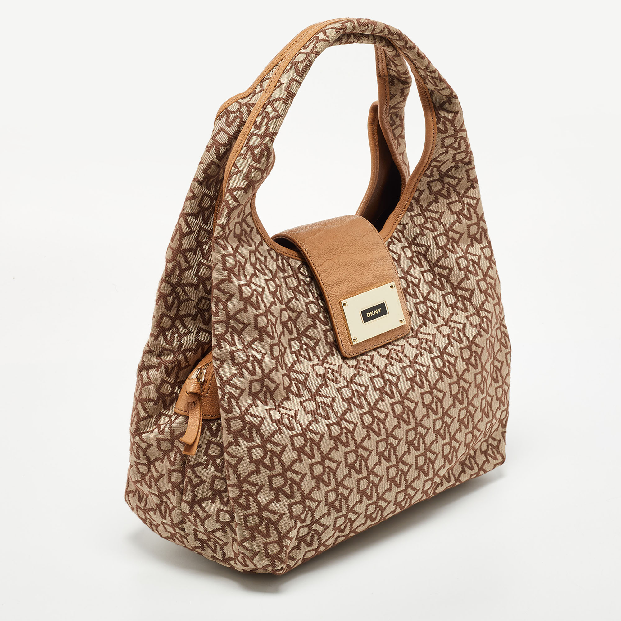 DKNY Beige Signature Fabric And Leather Town And Country Hobo