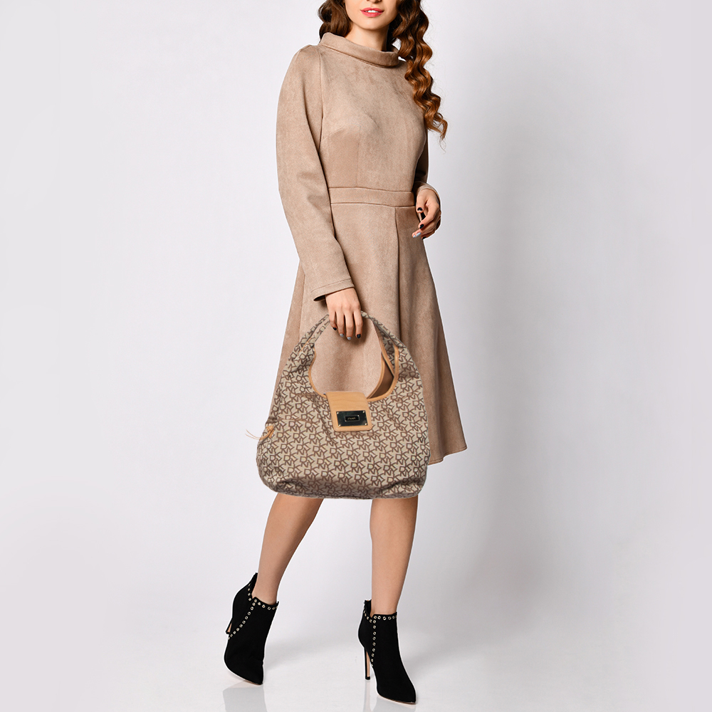 DKNY Beige Signature Fabric And Leather Town And Country Hobo