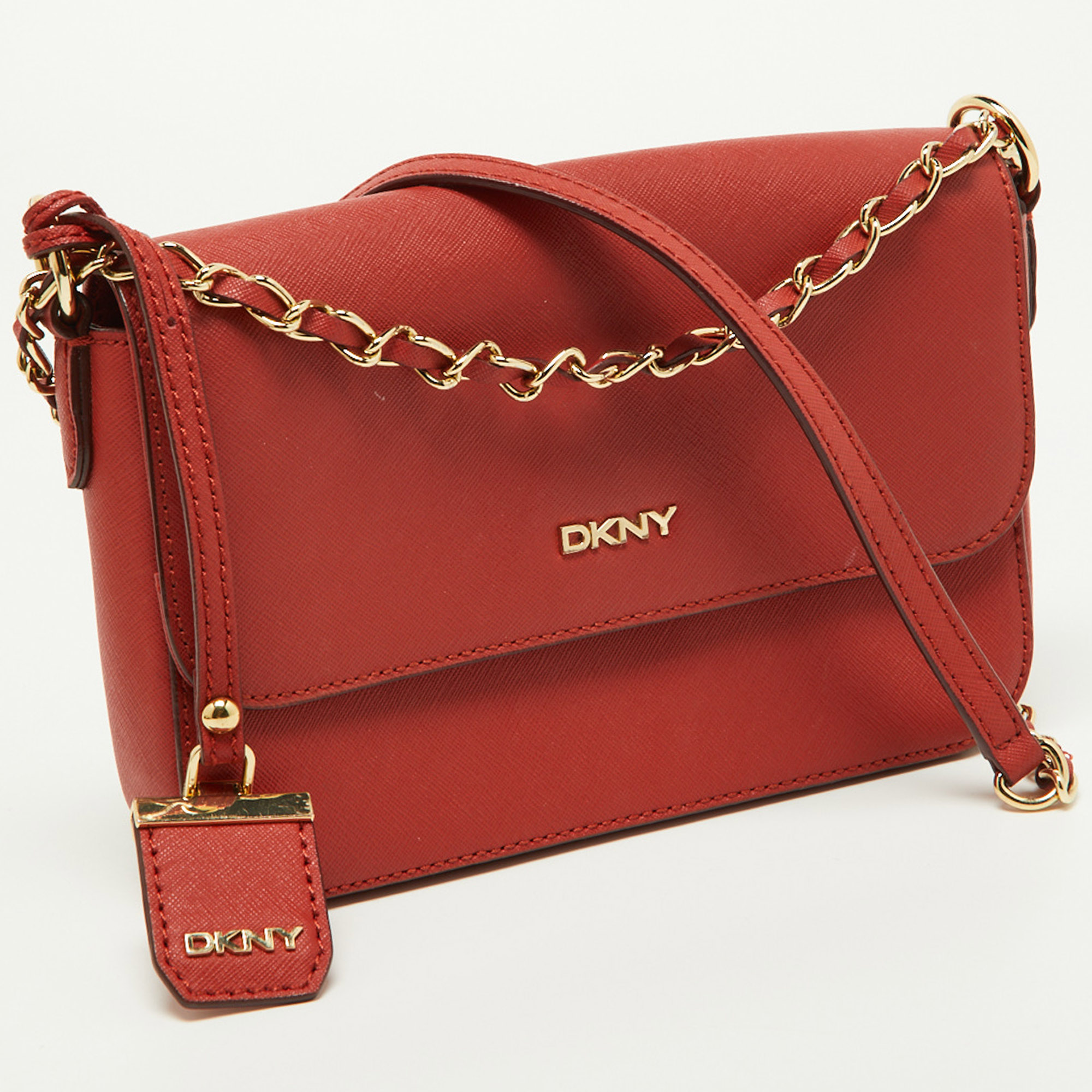 DKNY Brick Red Saffiano Leather Bryant Flap Shoulder Bag