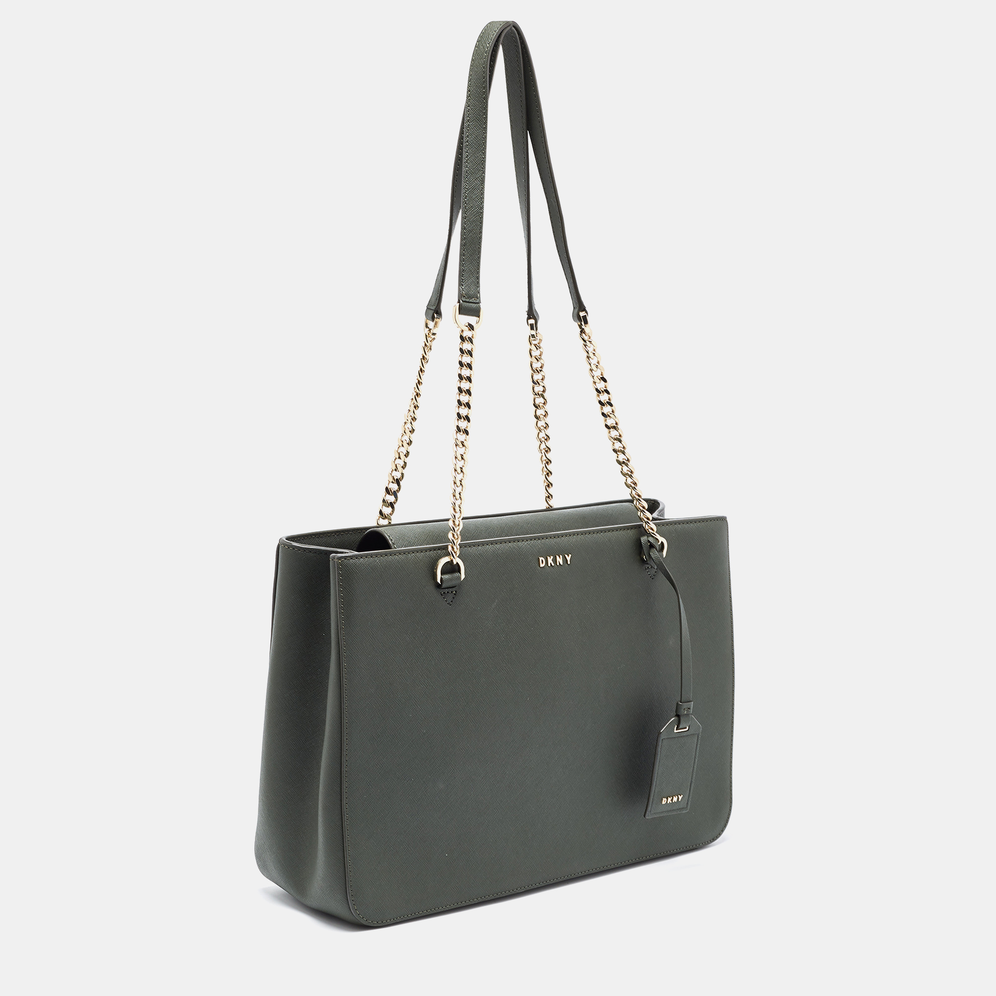 Dkny Green Saffiano Leather Chain Handle Tote