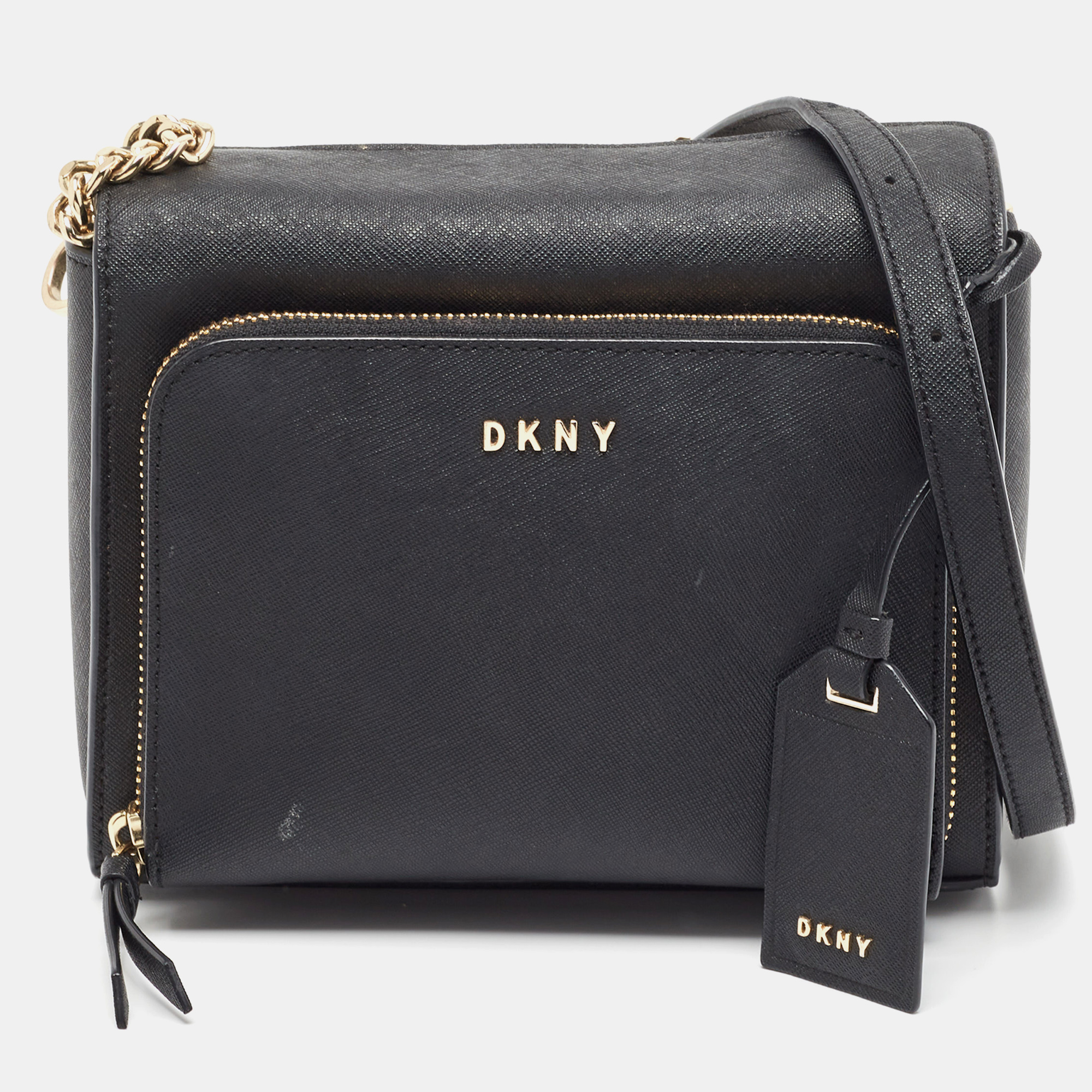 DKNY Black Leather Front Zip Crossbody Bag