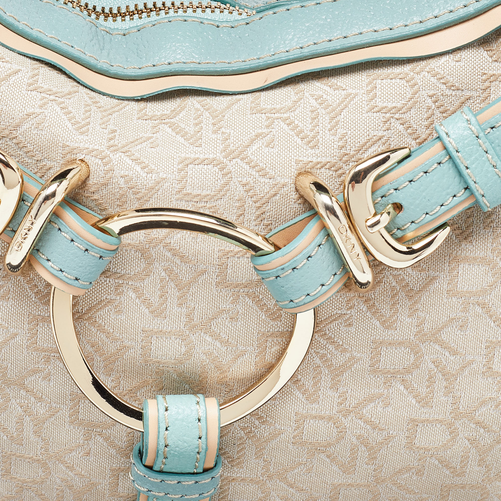 DKNY Cream/Blue Monogram Canvas And Leather Buckle Hobo