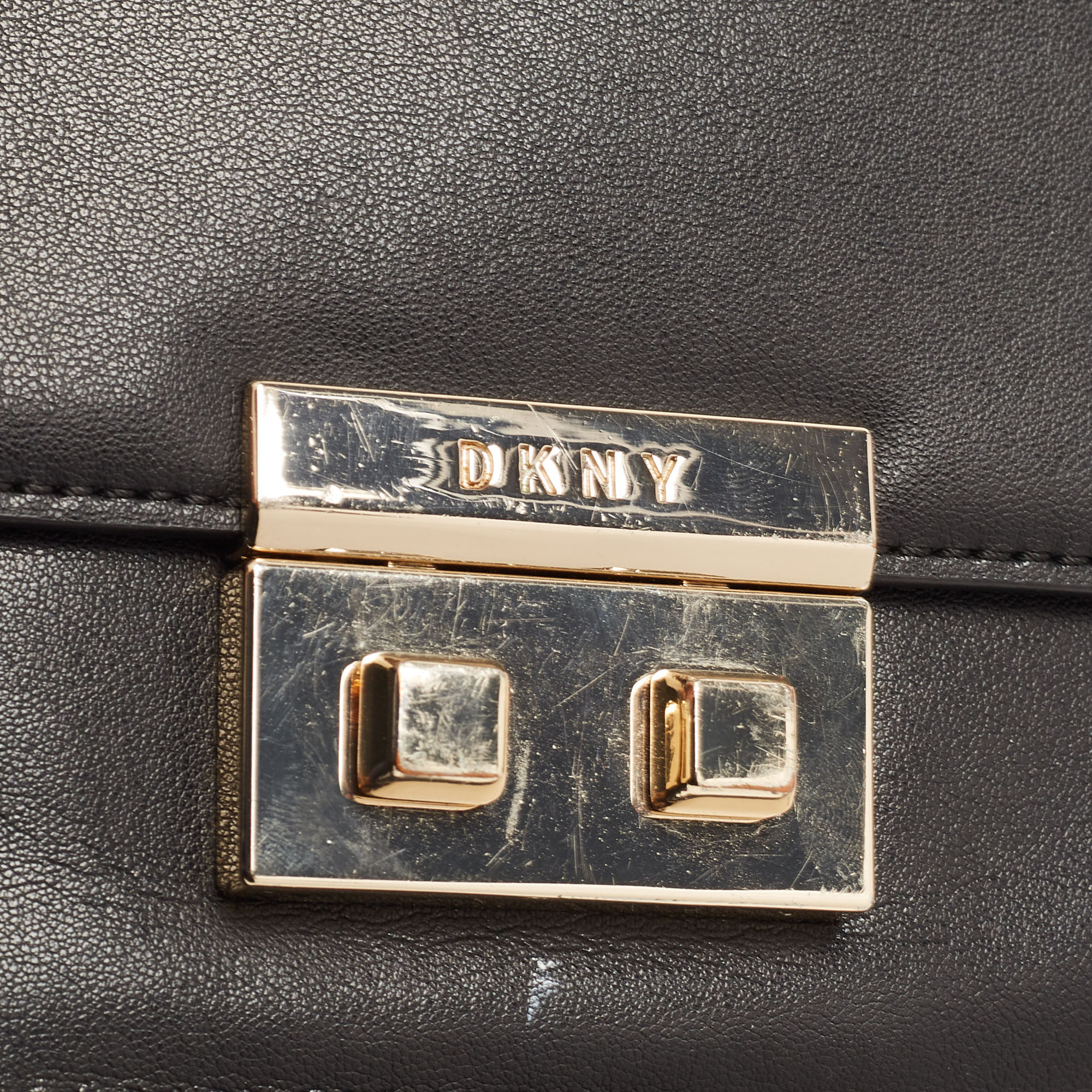 DKNY Black Leather Pushlock Flap Chain Crossbody Bag