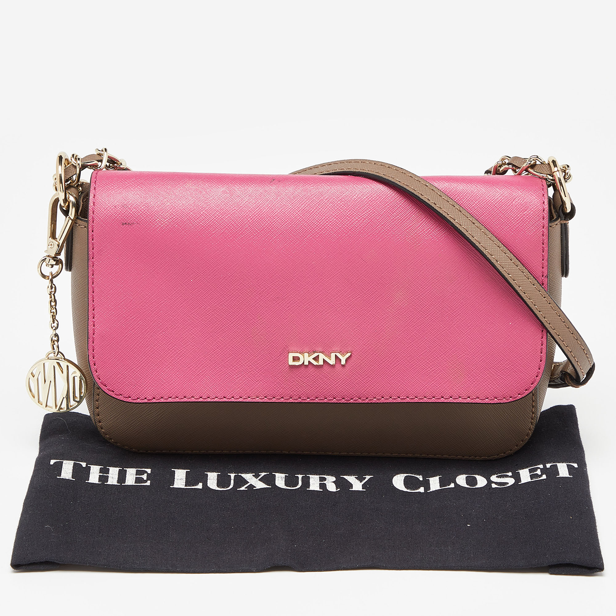 DKNY Beige/Pink Leather Bryant Park Flap Crossbody Bag