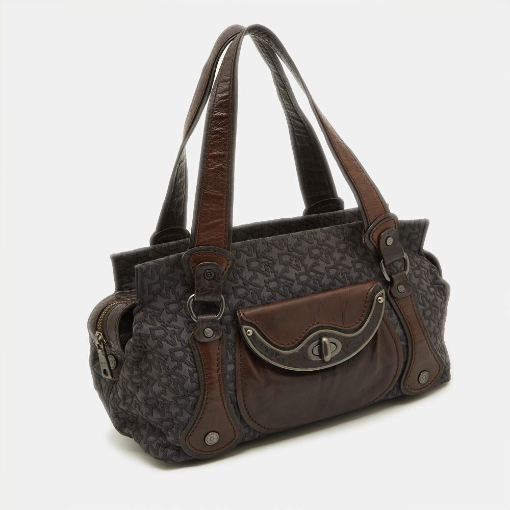 DKNY Grey/Brown Signature Canvas And Leather Satchel