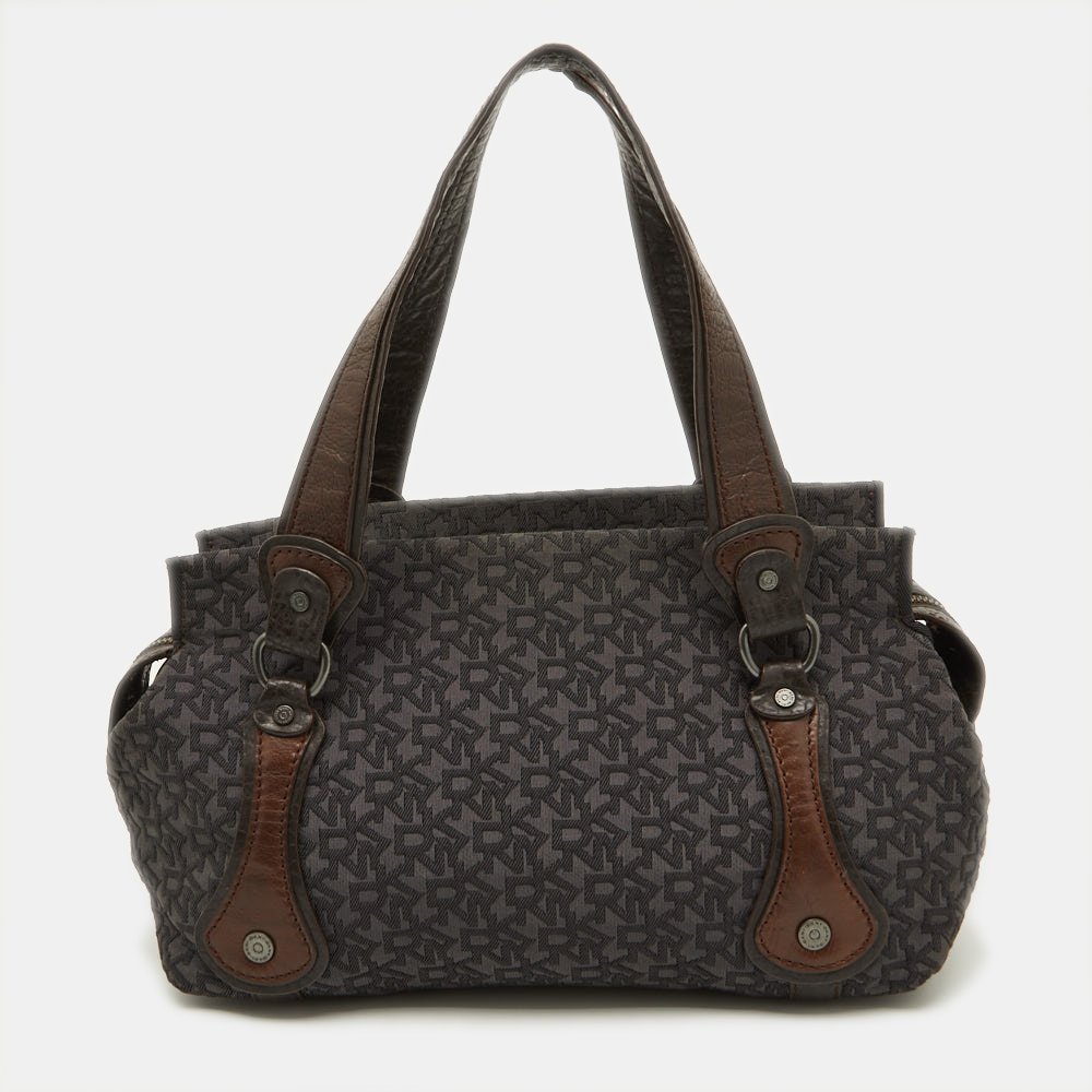 DKNY Grey/Brown Signature Canvas And Leather Satchel