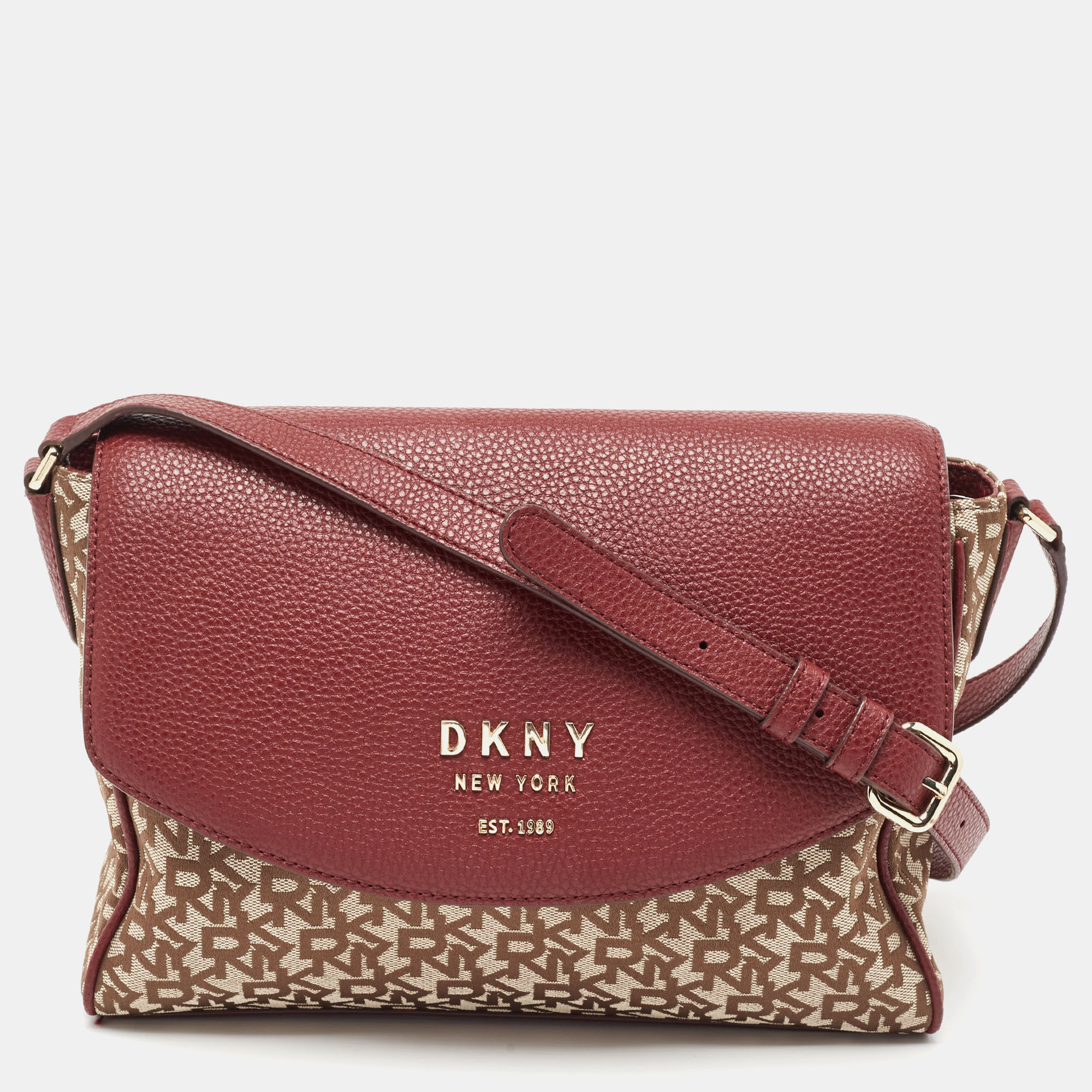DKNY Burgundy/Beige Signature Canvas And Leather Noho Shoulder Bag