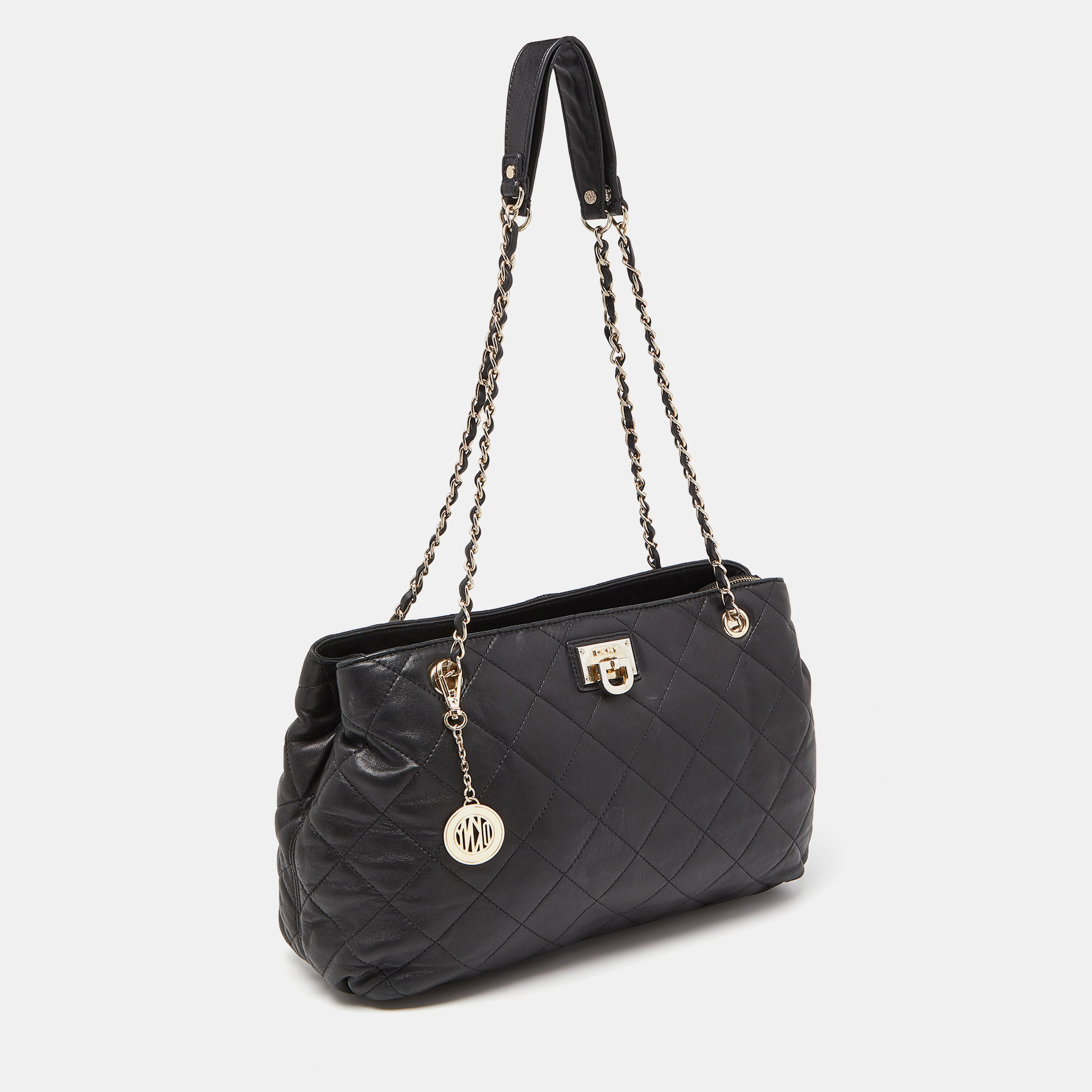 DKNY Black Quilted Leather Chain Tote
