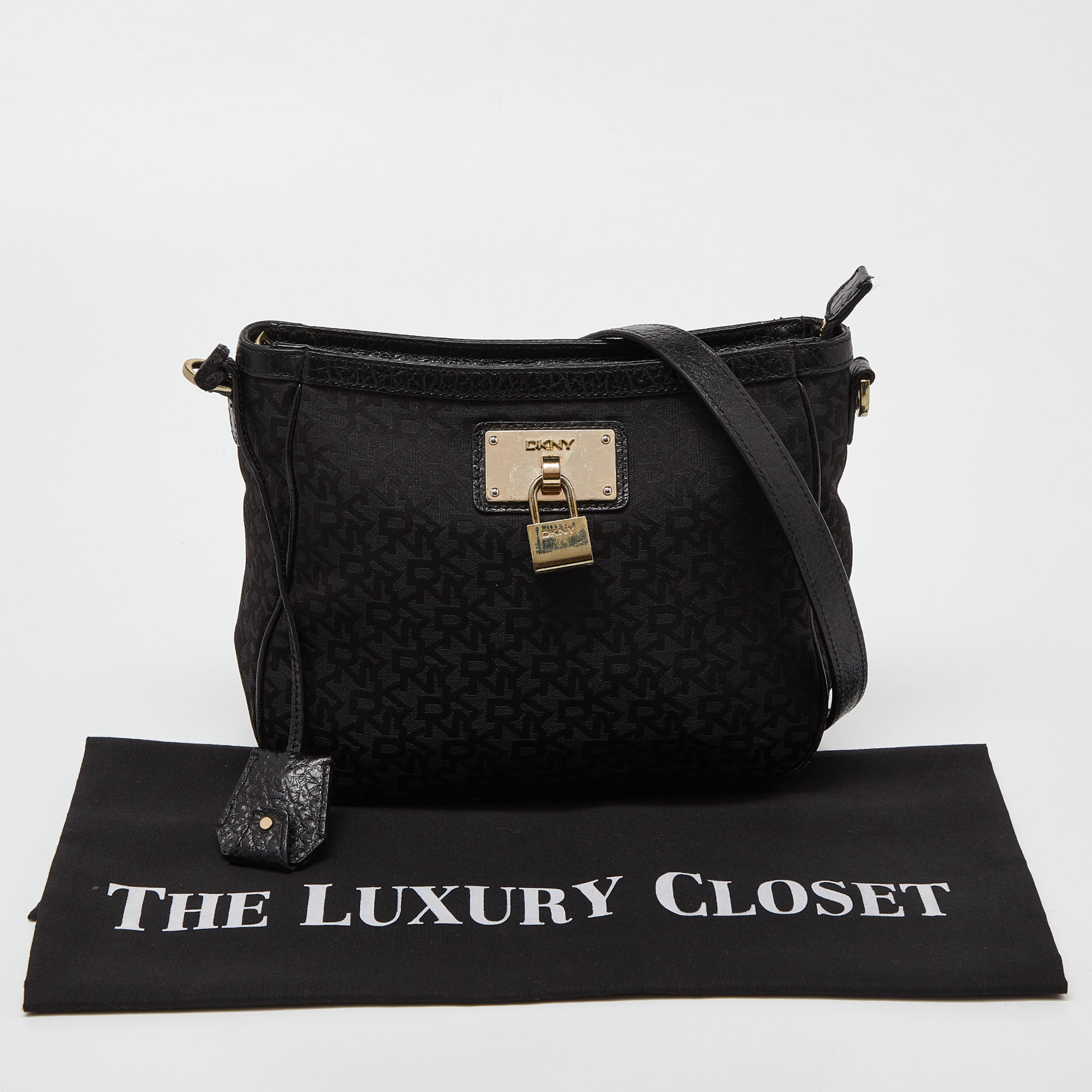 DKNY Black Monogram Canvas And Leather Crossbody Bag