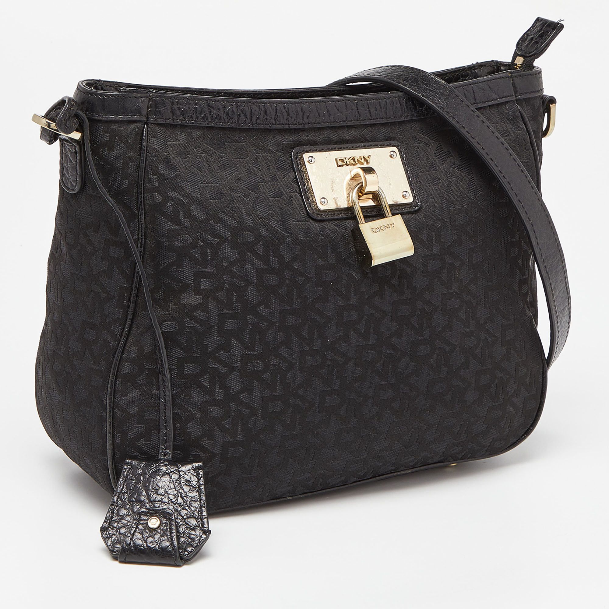 DKNY Black Monogram Canvas And Leather Crossbody Bag