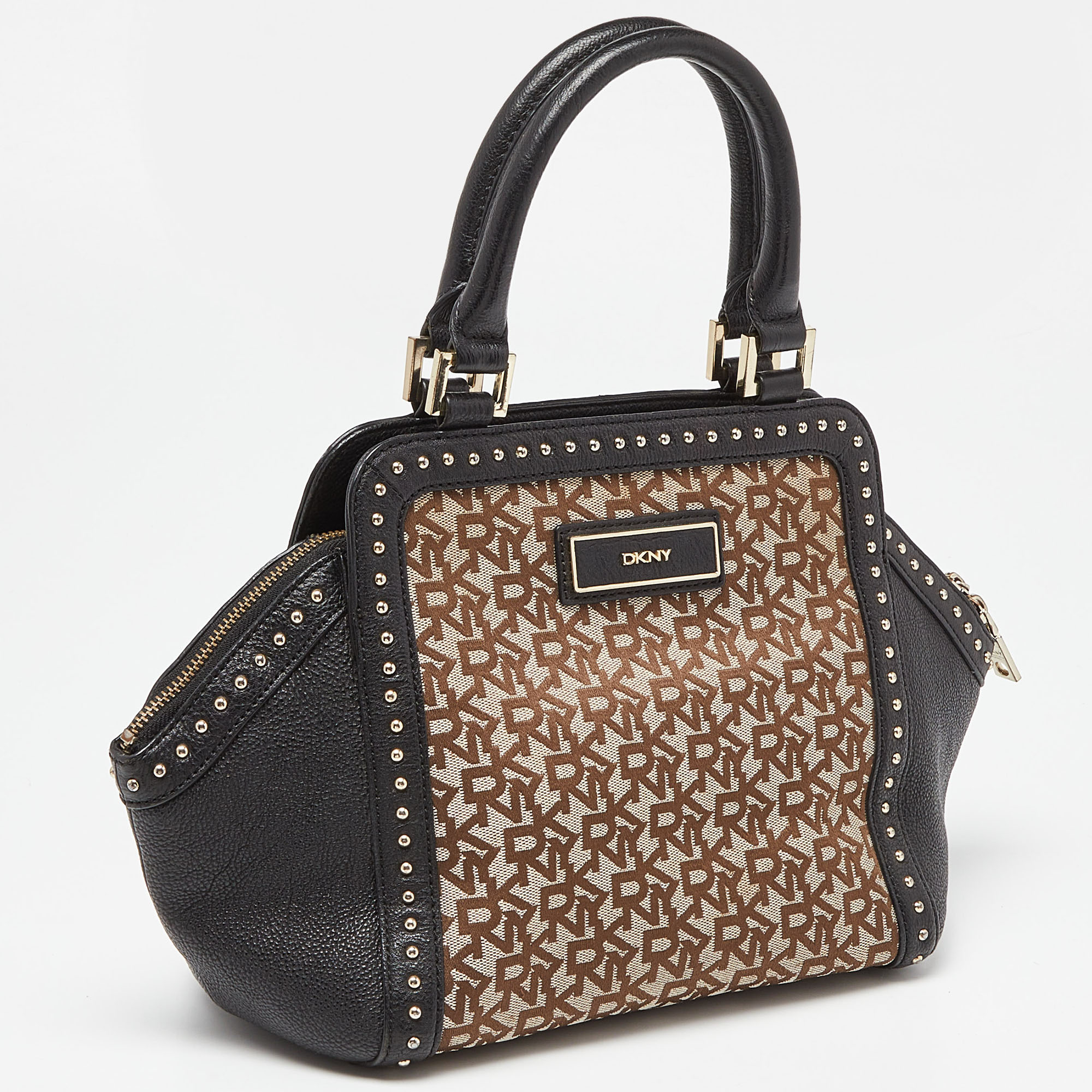 DKNY Beige/Black Signature Canvas And Leather Studded Satchel